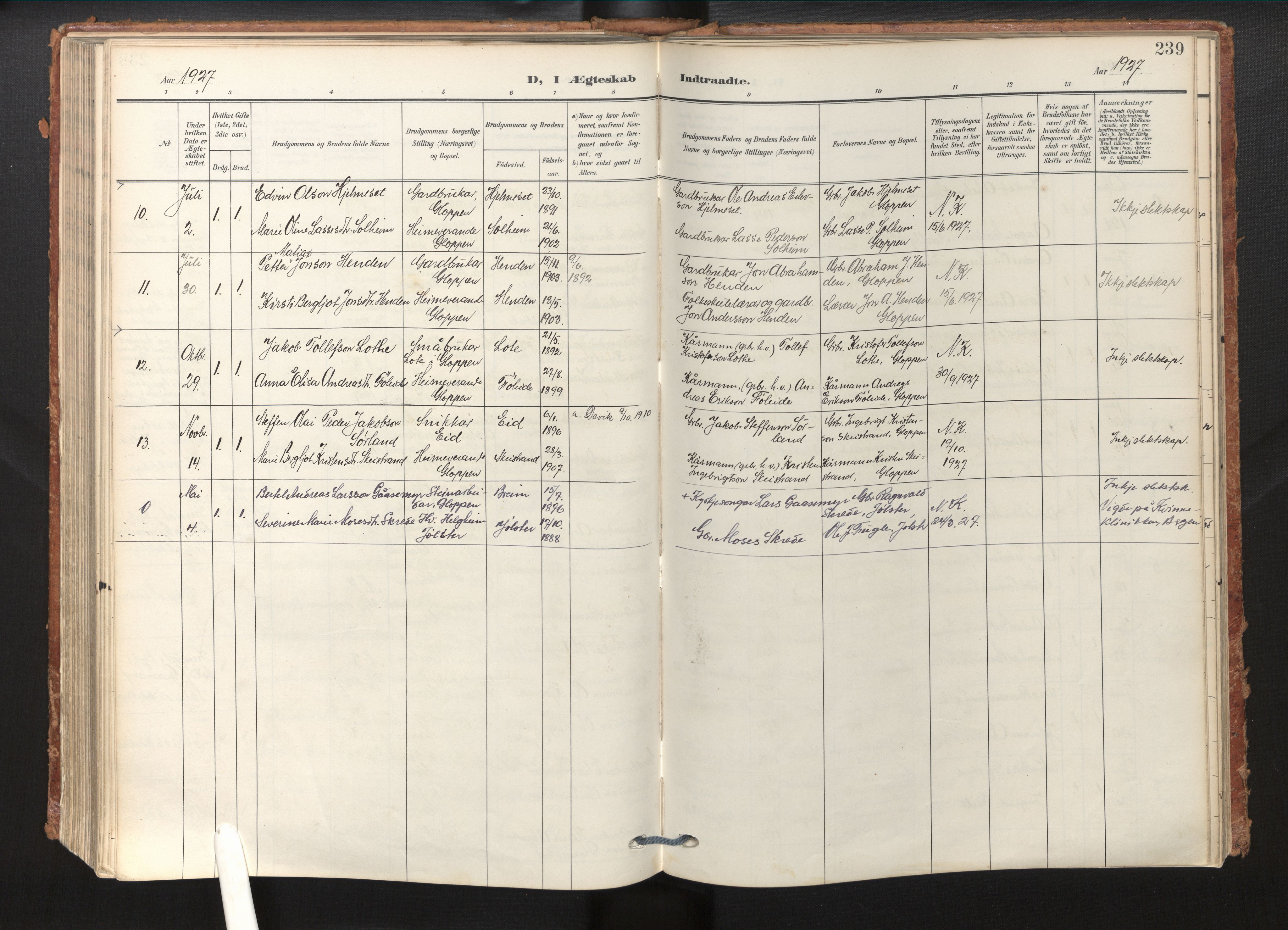 Gloppen sokneprestembete, SAB/A-80101/H/Haa/Haab/L0002: Parish register (official) no. B 2, 1906-1932, p. 238b-239a