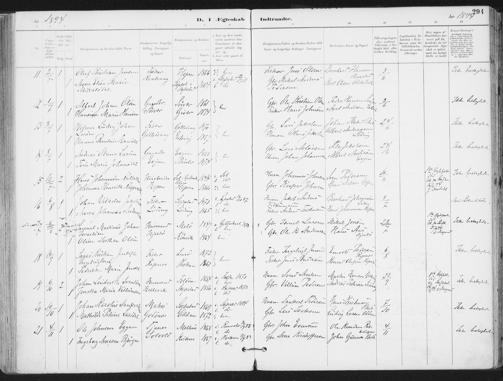 Ministerialprotokoller, klokkerbøker og fødselsregistre - Nordland, AV/SAT-A-1459/802/L0055: Parish register (official) no. 802A02, 1894-1915, p. 294