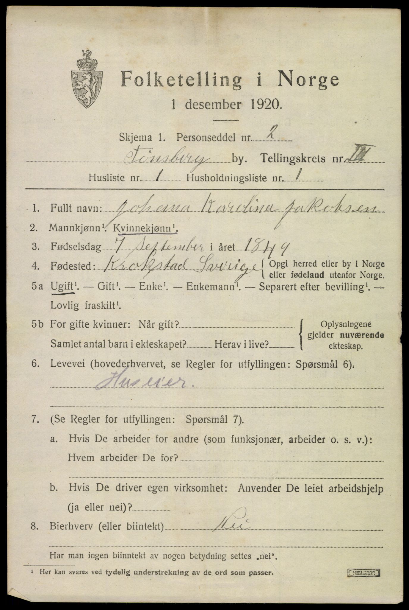 SAKO, 1920 census for Tønsberg, 1920, p. 10873