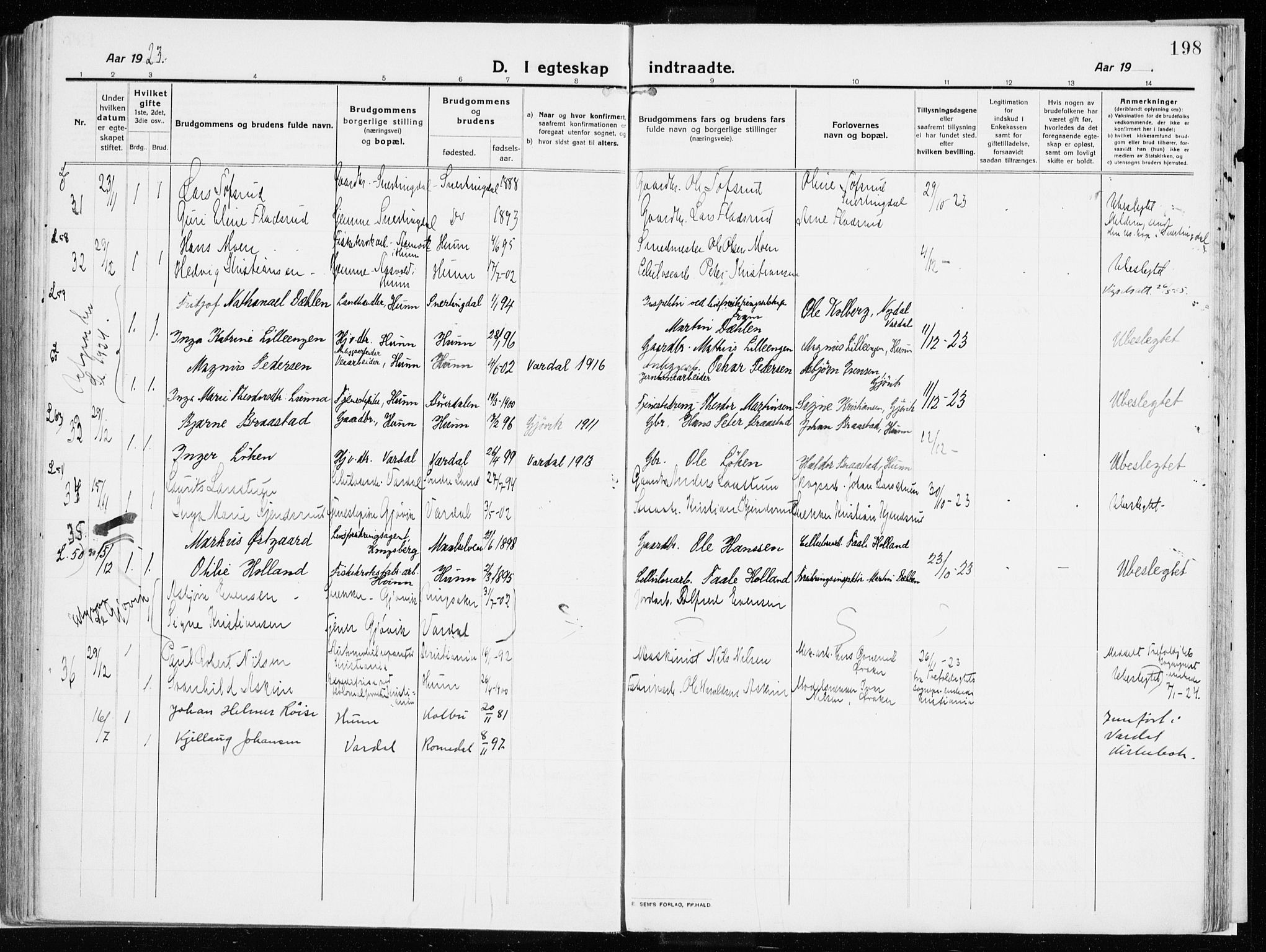 Vardal prestekontor, AV/SAH-PREST-100/H/Ha/Haa/L0017: Parish register (official) no. 17, 1915-1929, p. 198