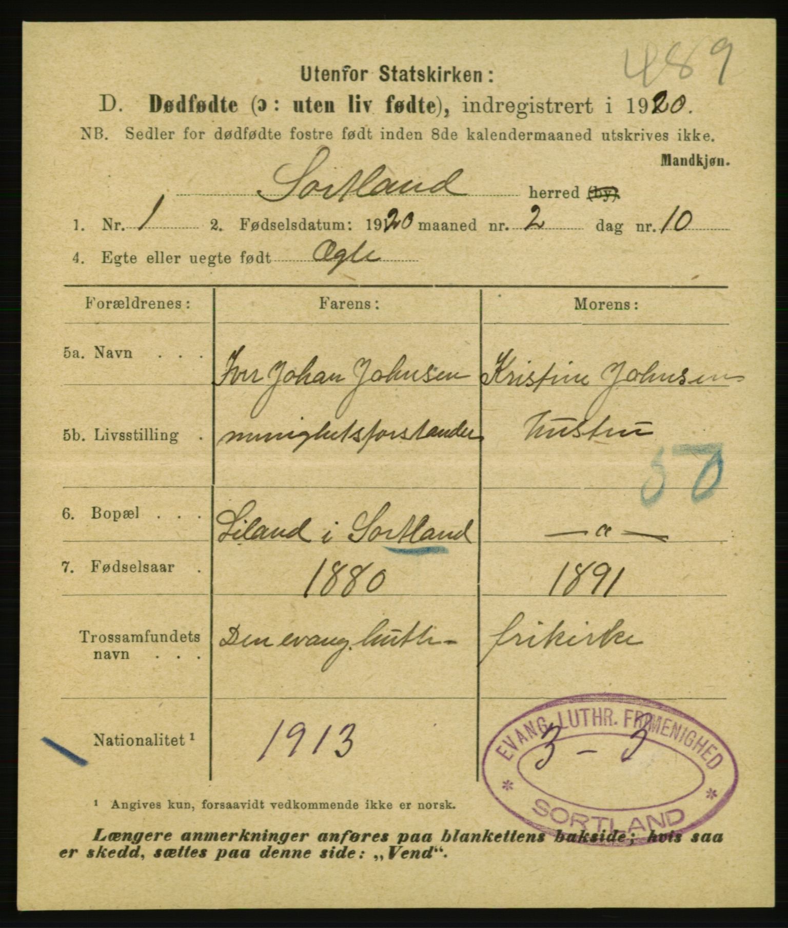 Statistisk sentralbyrå, Sosiodemografiske emner, Befolkning, AV/RA-S-2228/E/L0018: Fødte, gifte, døde dissentere., 1920, p. 3685