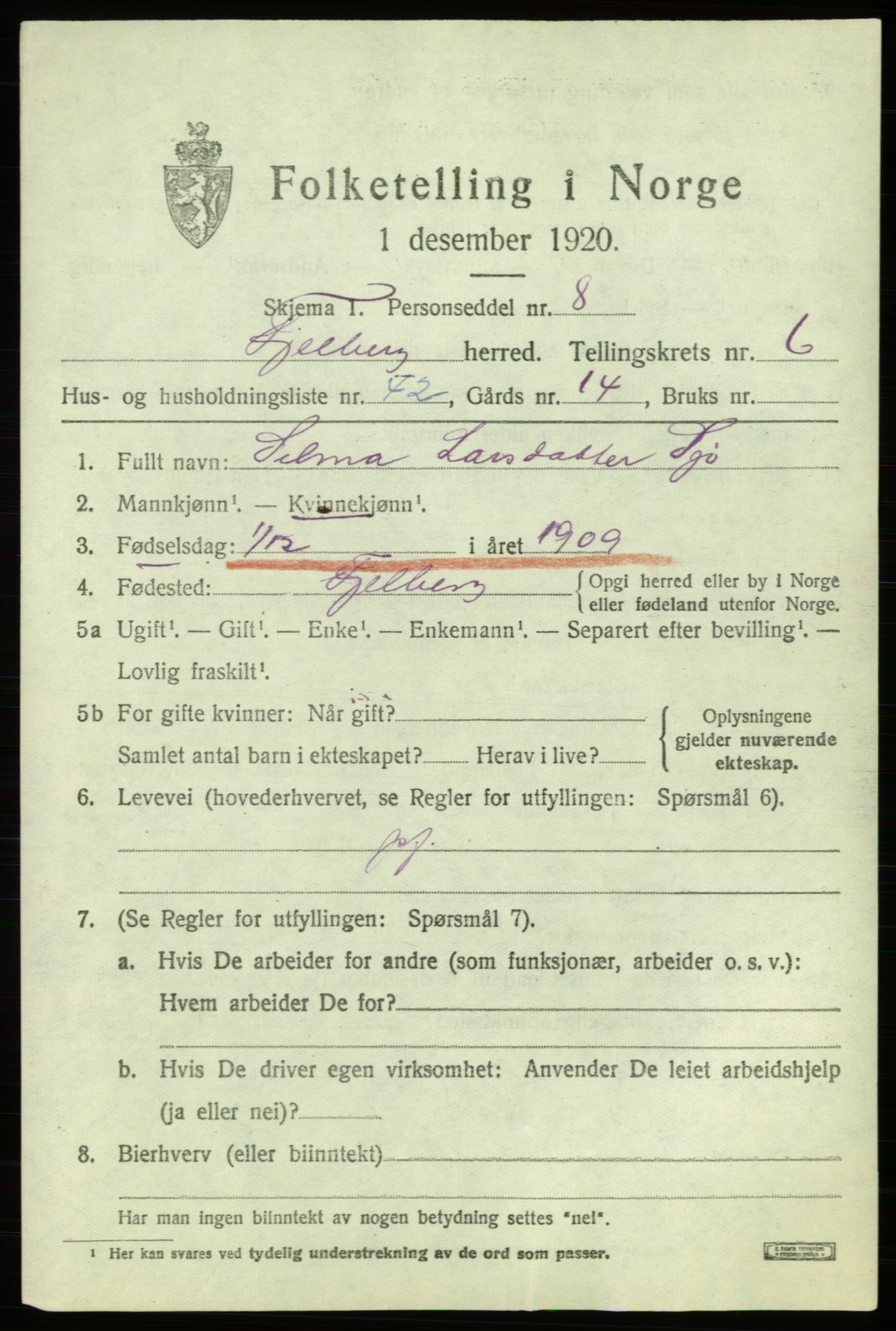 SAB, 1920 census for Fjelberg, 1920, p. 2731