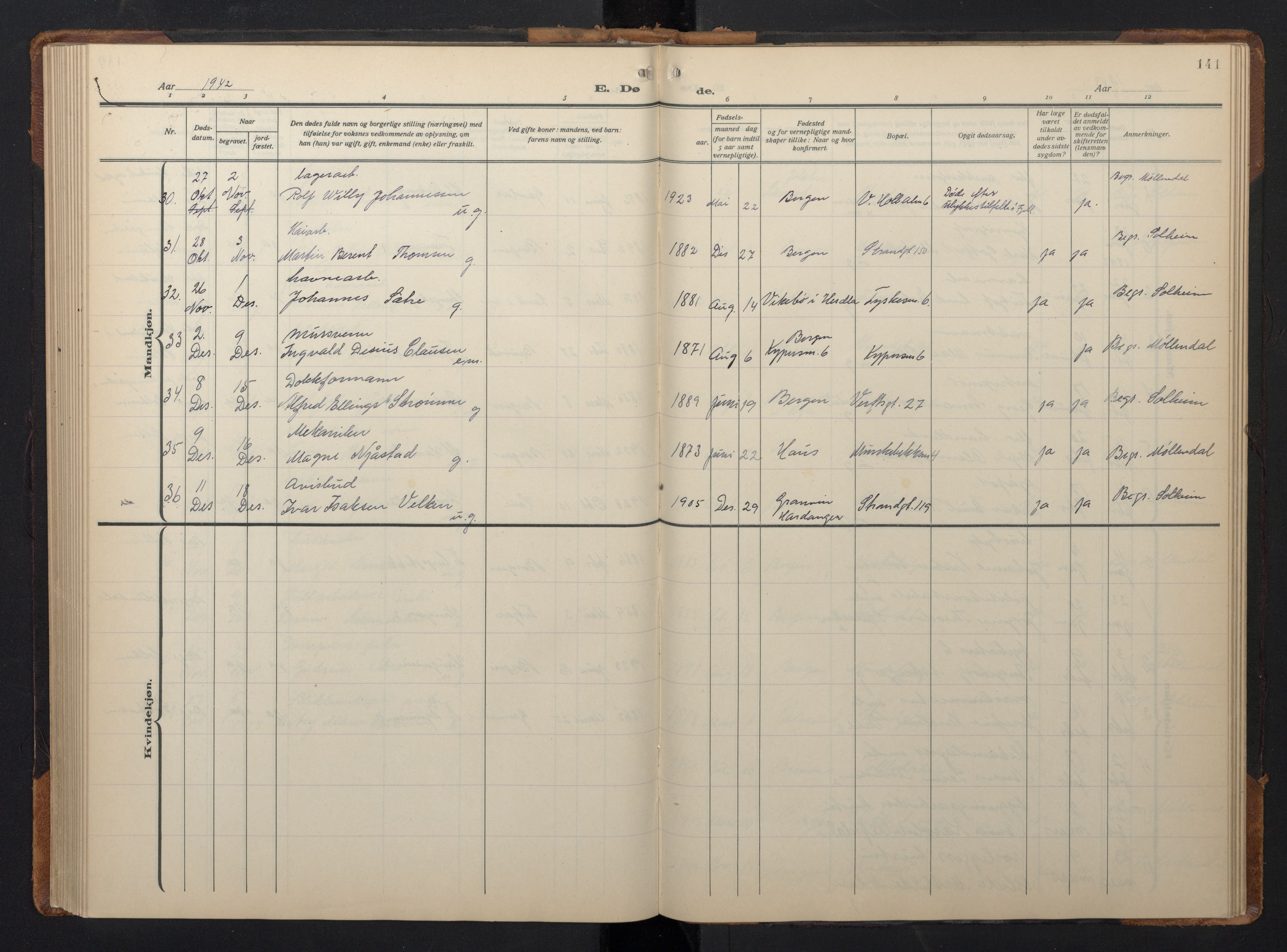 Nykirken Sokneprestembete, SAB/A-77101/H/Hab: Parish register (copy) no. E 3, 1924-1947, p. 140b-141a