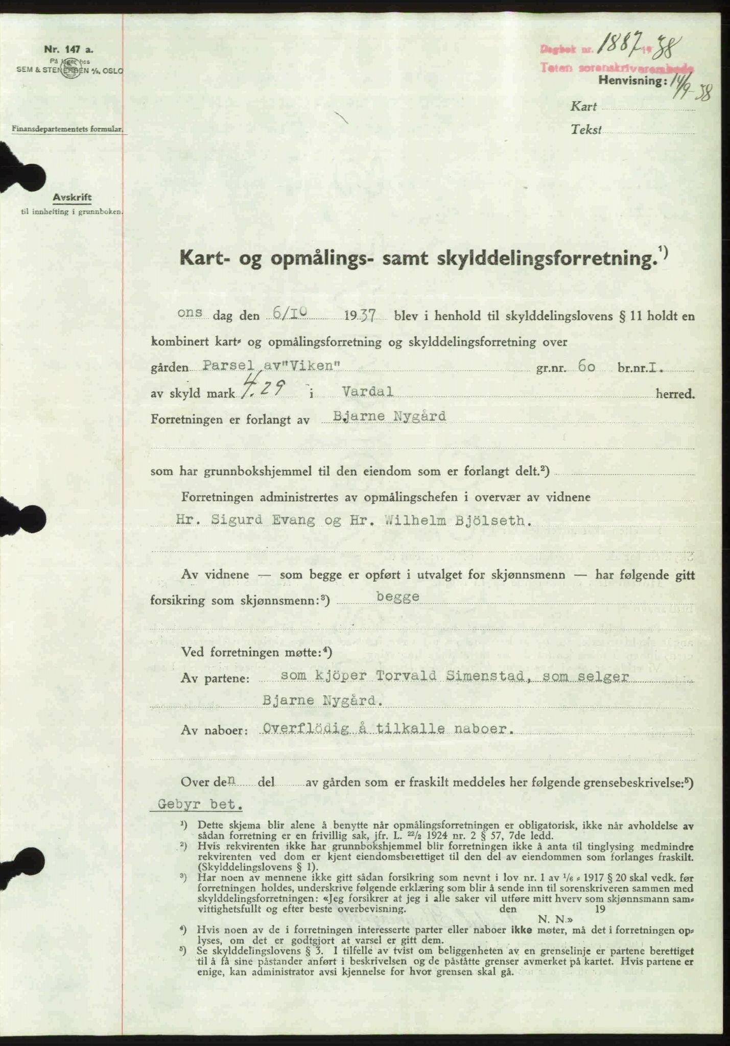 Toten tingrett, SAH/TING-006/H/Hb/Hbc/L0004: Mortgage book no. Hbc-04, 1938-1938, Diary no: : 1887/1938