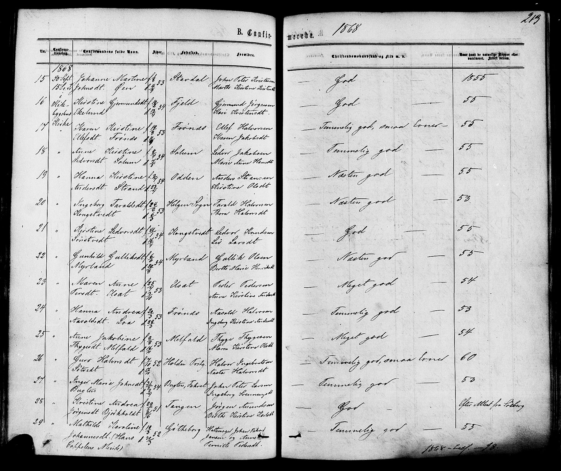 Solum kirkebøker, SAKO/A-306/F/Fa/L0008: Parish register (official) no. I 8, 1865-1876, p. 213