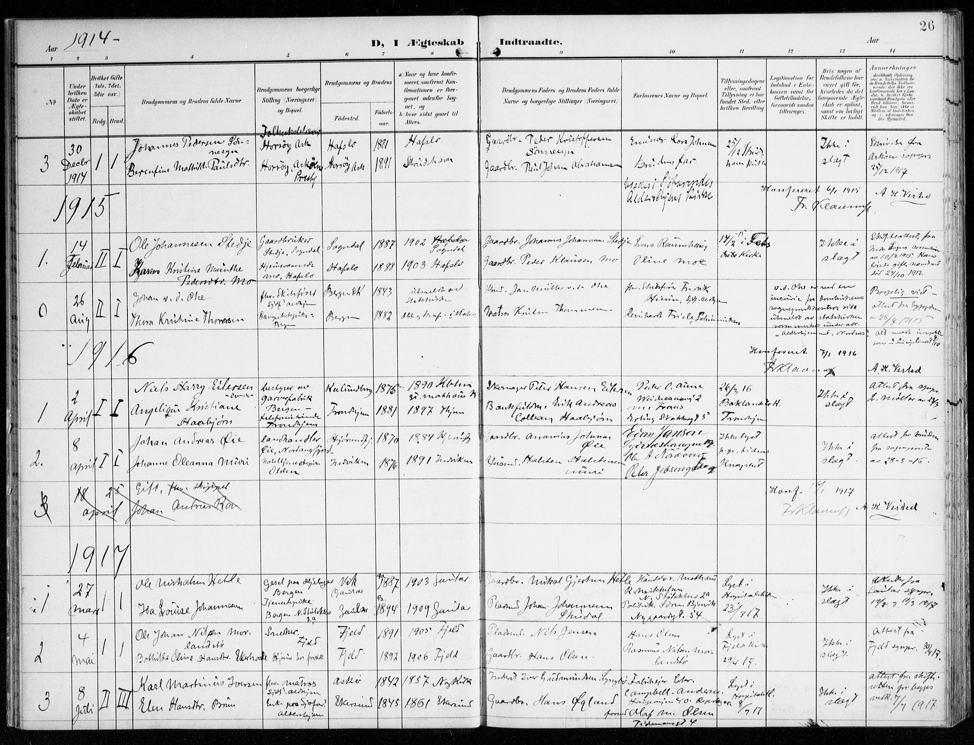 St. Jørgens hospital og Årstad sokneprestembete, AV/SAB-A-99934: Parish register (official) no. A 14, 1902-1935, p. 26