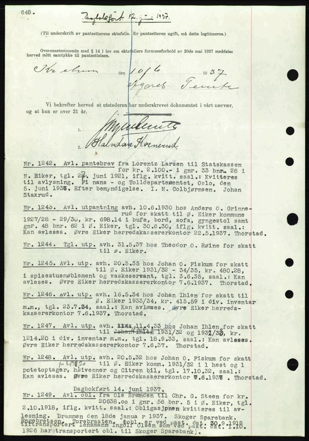 Eiker, Modum og Sigdal sorenskriveri, SAKO/A-123/G/Ga/Gab/L0035: Mortgage book no. A5, 1937-1937, Diary no: : 1242/1937