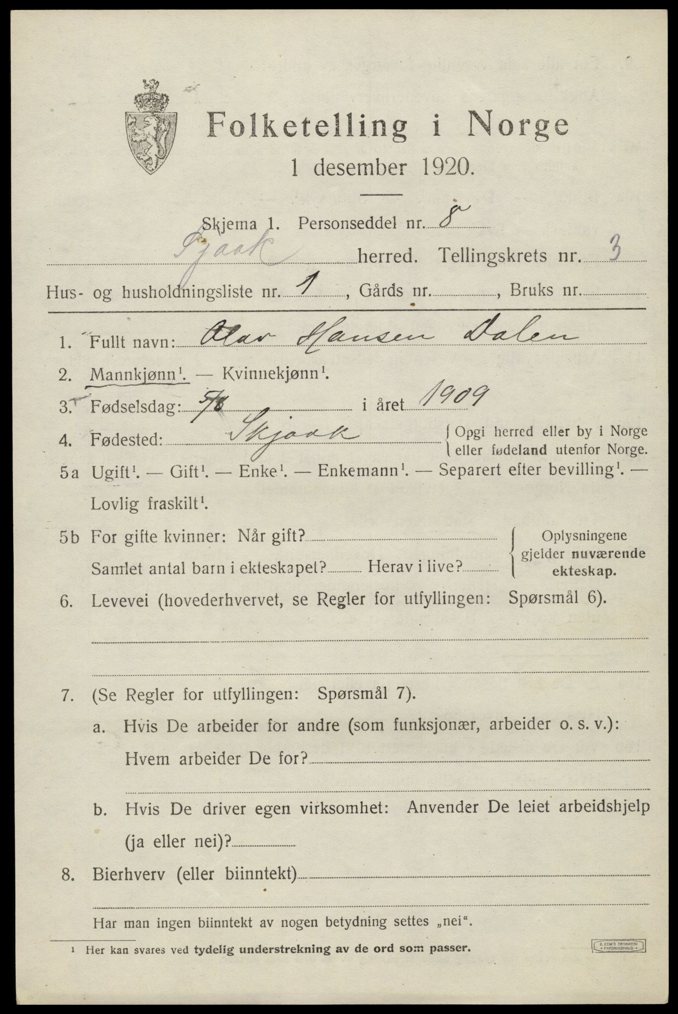 SAH, 1920 census for Skjåk, 1920, p. 1574