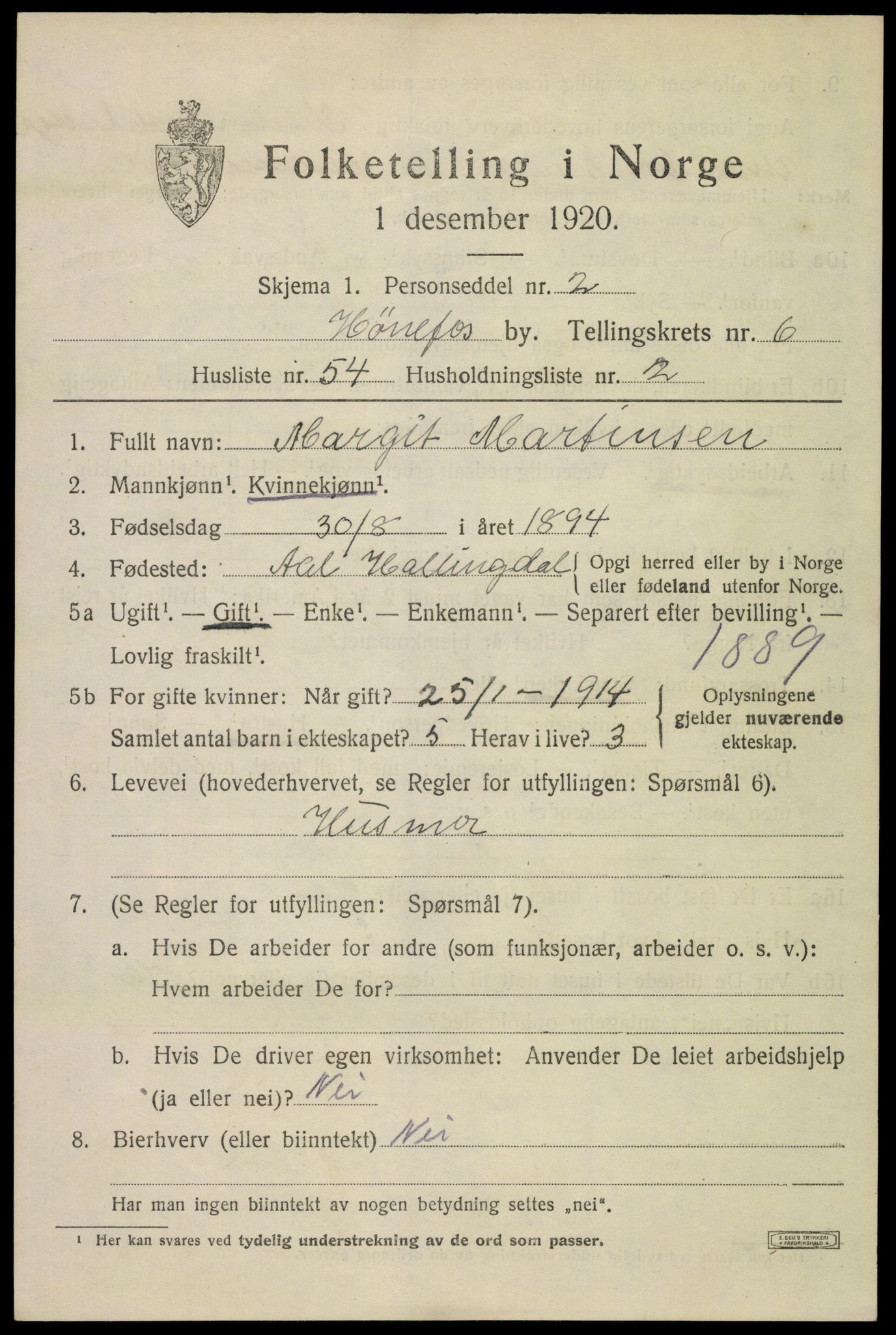 SAKO, 1920 census for Hønefoss, 1920, p. 7842