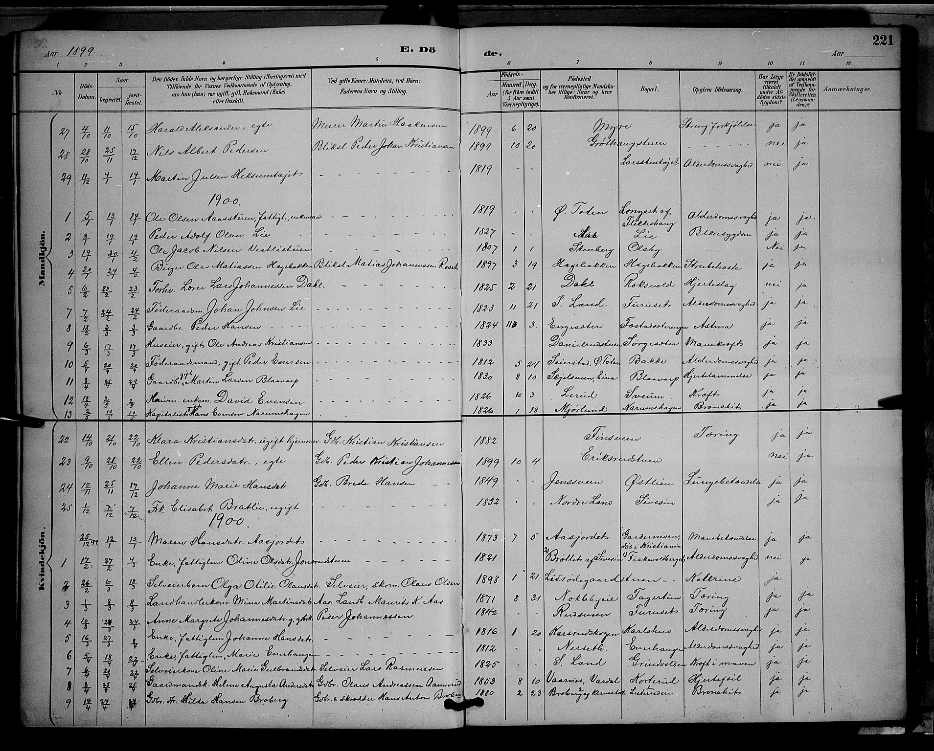 Vestre Toten prestekontor, SAH/PREST-108/H/Ha/Hab/L0009: Parish register (copy) no. 9, 1888-1900, p. 221
