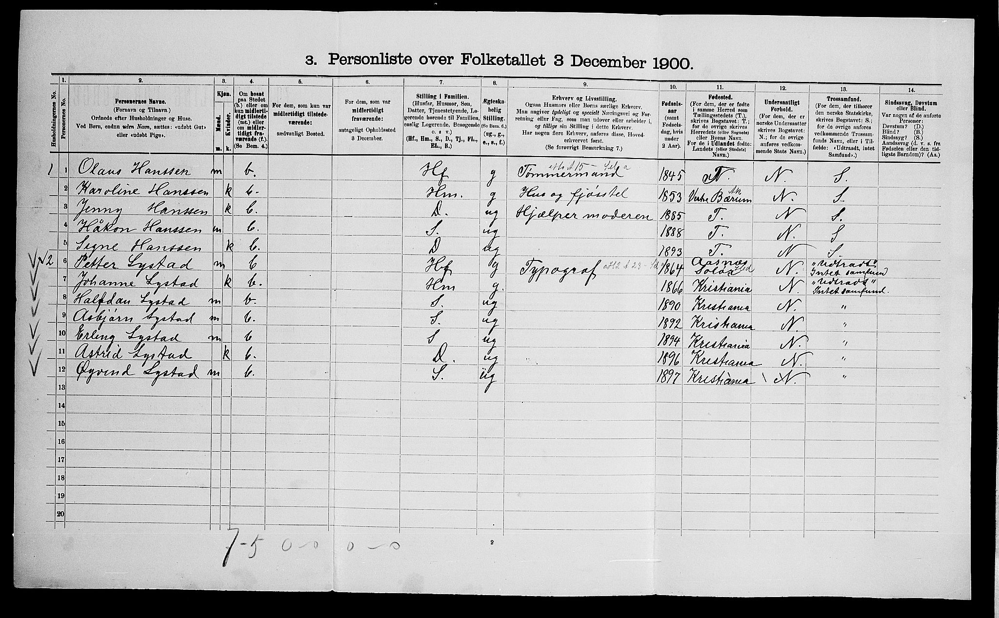 SAO, 1900 census for Bærum, 1900