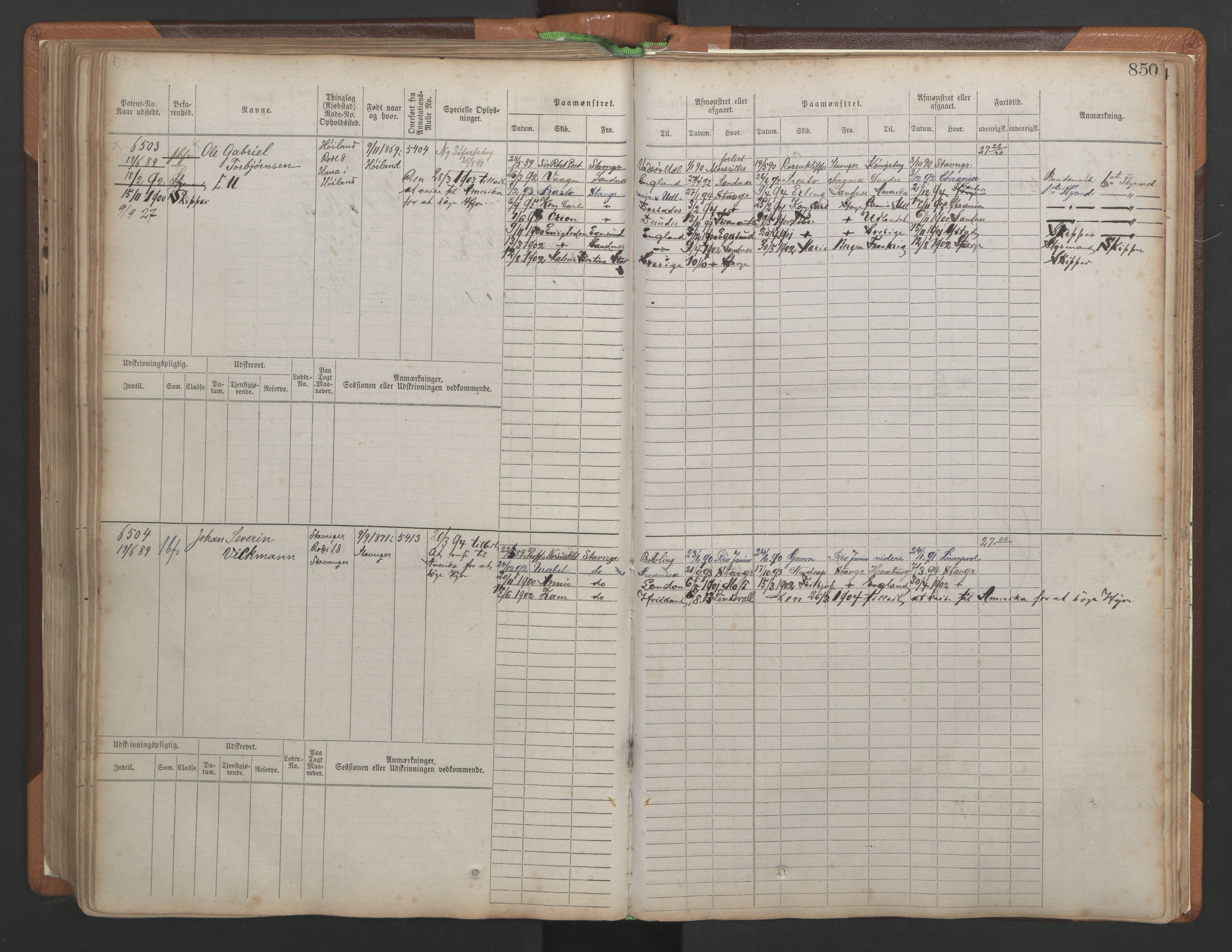 Stavanger sjømannskontor, AV/SAST-A-102006/F/Fb/Fbb/L0010: Sjøfartshovedrulle, patentnr. 6007-6606 (del 1), 1887-1896, p. 254