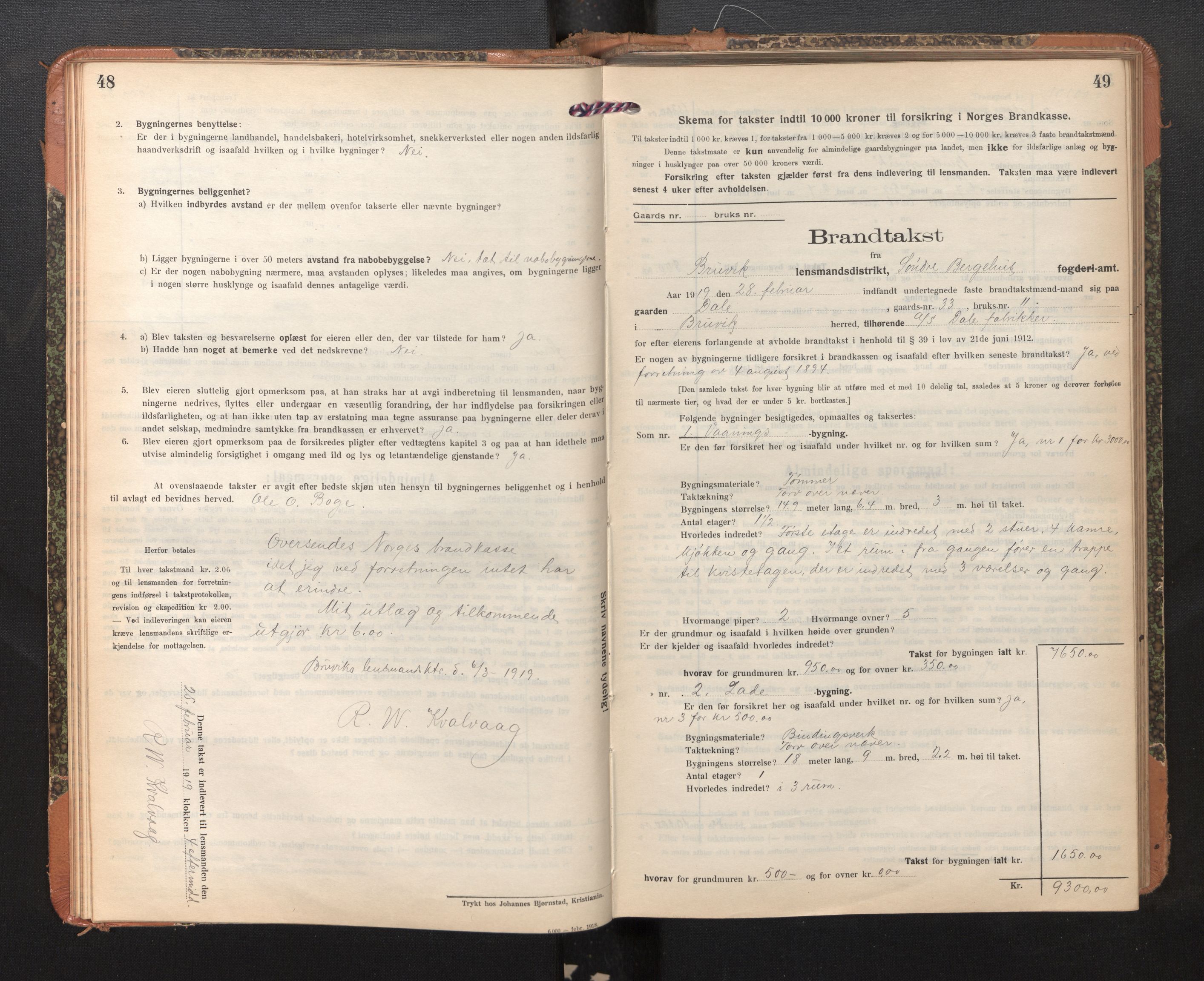 Lensmannen i Bruvik, AV/SAB-A-31301/0012/L0009: Branntakstprotokoll, skjematakst, 1918-1925, p. 48-49