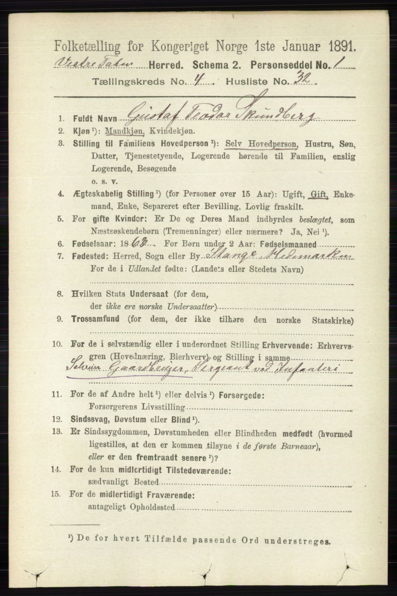 RA, 1891 census for 0529 Vestre Toten, 1891, p. 2885