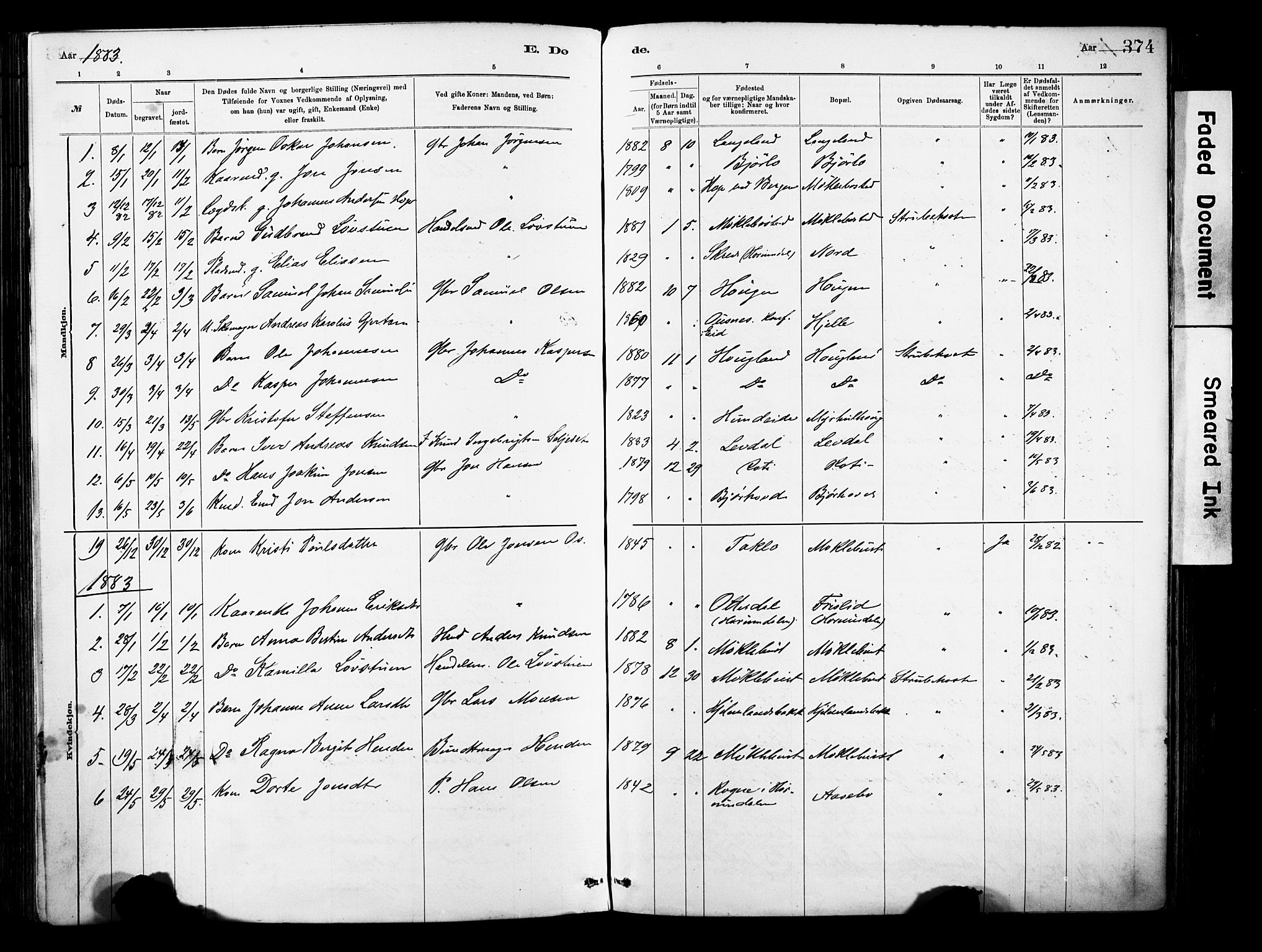 Eid sokneprestembete, SAB/A-82301/H/Haa/Haab/L0001: Parish register (official) no. B 1, 1879-1906, p. 374