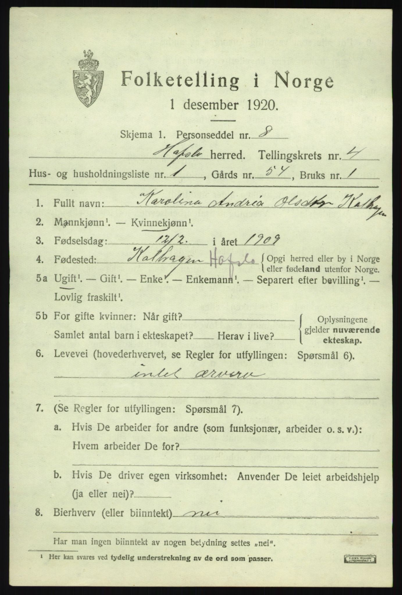 SAB, 1920 census for Hafslo, 1920, p. 2640