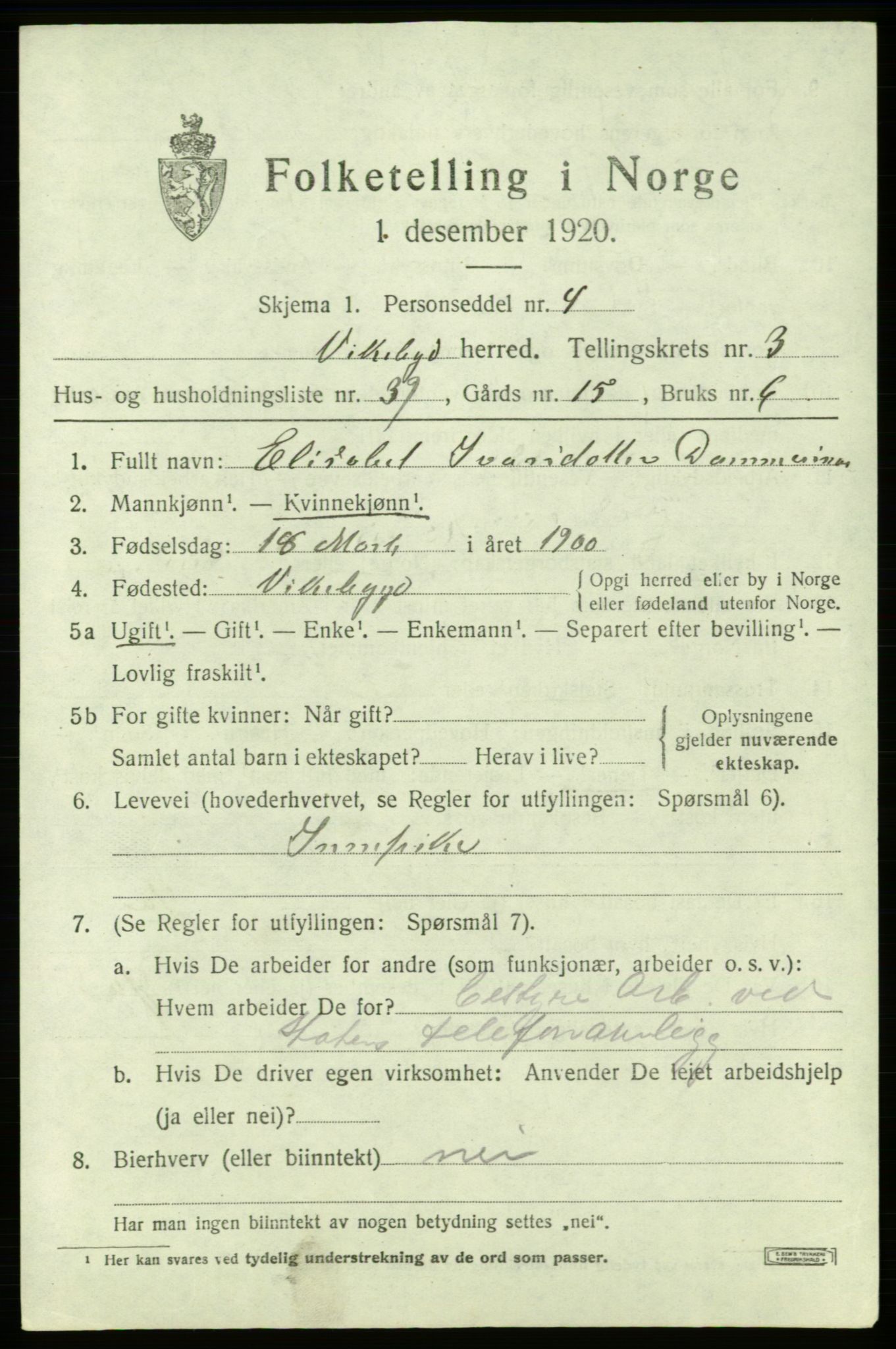 SAB, 1920 census for Vikebygd, 1920, p. 1549