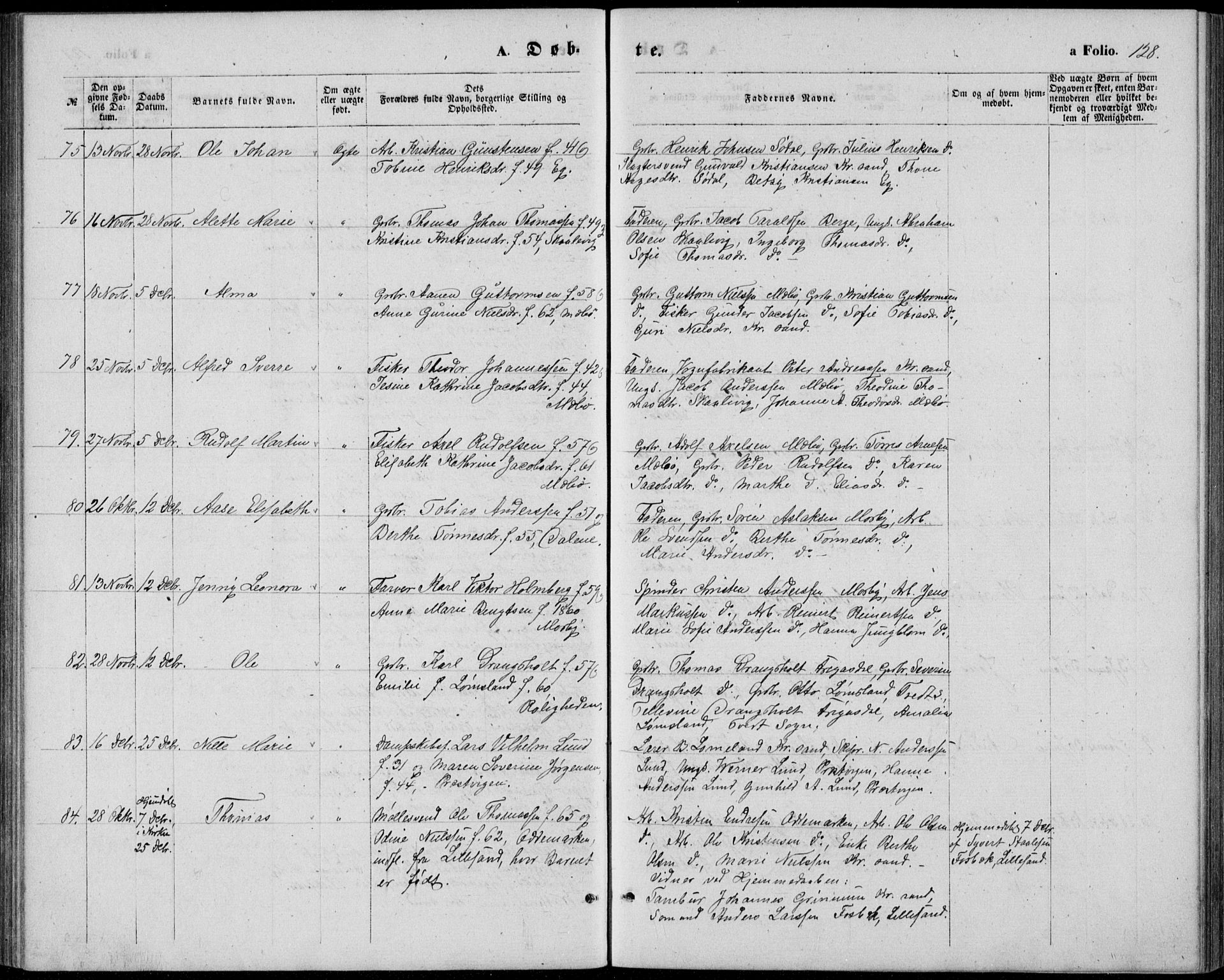 Oddernes sokneprestkontor, AV/SAK-1111-0033/F/Fb/Fba/L0007: Parish register (copy) no. B 7, 1869-1887, p. 128