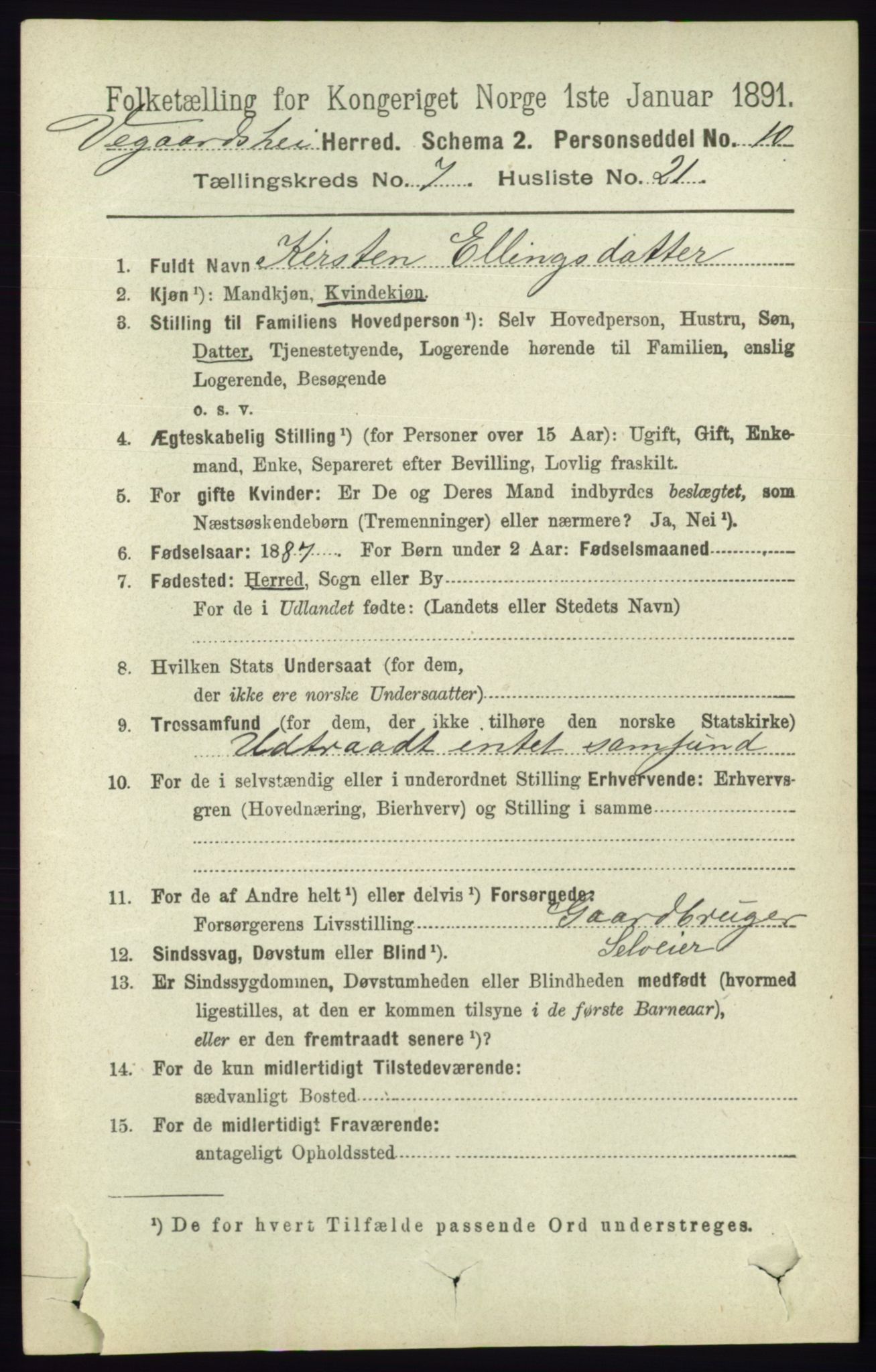 RA, 1891 census for 0912 Vegårshei, 1891, p. 1486