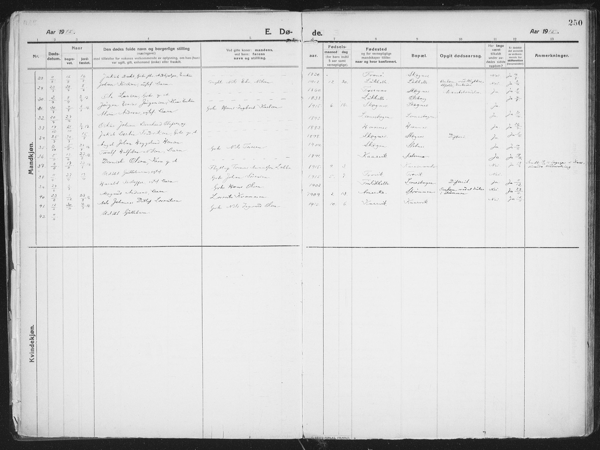 Lenvik sokneprestembete, SATØ/S-1310/H/Ha/Haa/L0016kirke: Parish register (official) no. 16, 1910-1924, p. 250