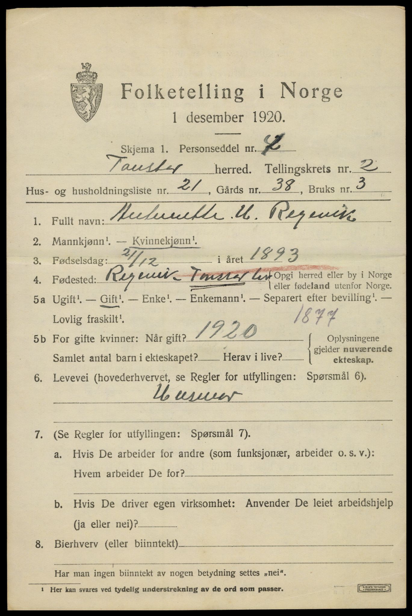 SAK, 1920 census for Tonstad, 1920, p. 988