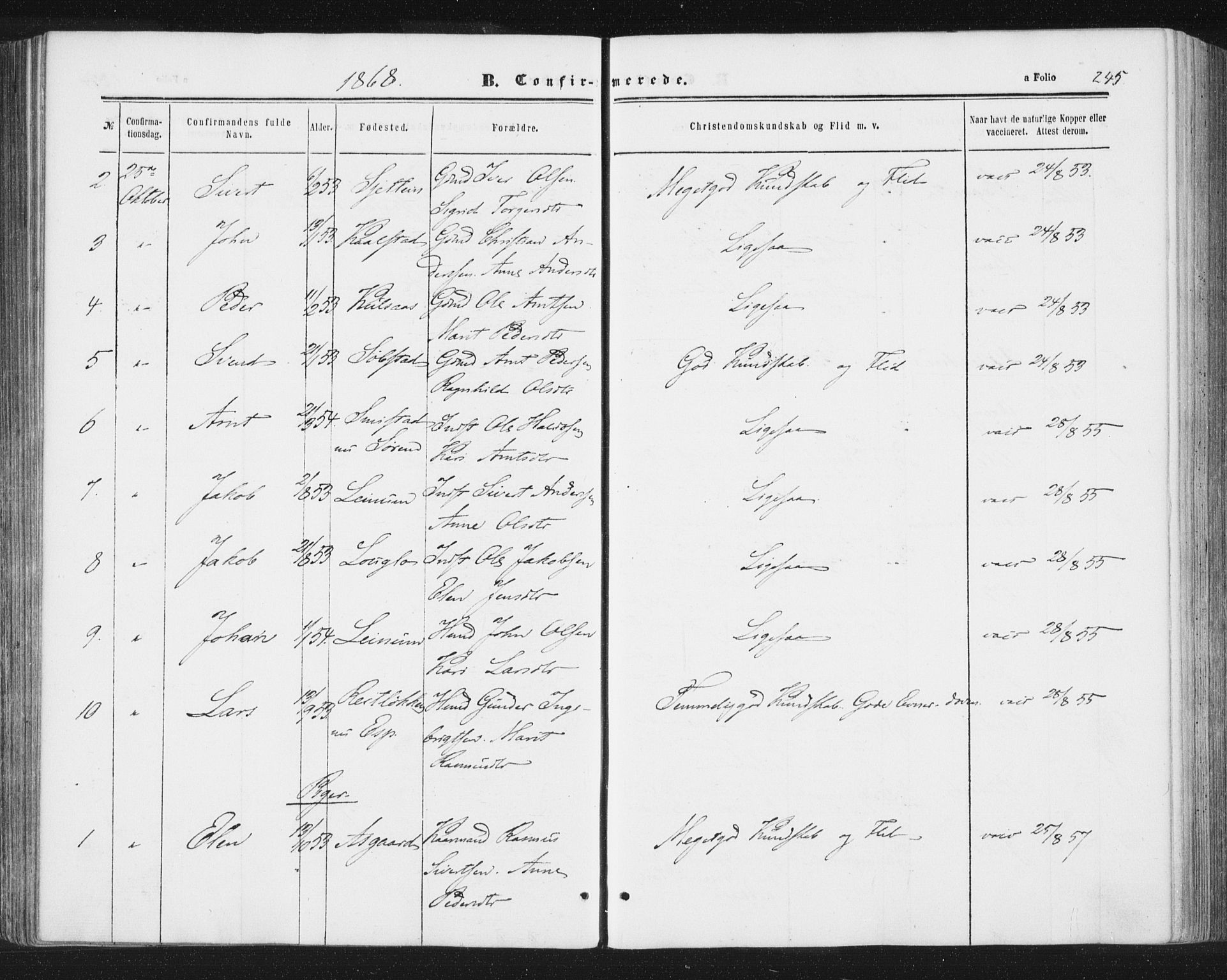 Ministerialprotokoller, klokkerbøker og fødselsregistre - Sør-Trøndelag, AV/SAT-A-1456/691/L1077: Parish register (official) no. 691A09, 1862-1873, p. 245