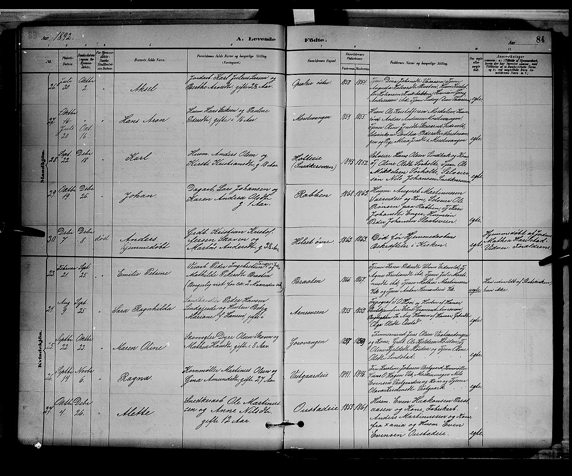 Stange prestekontor, AV/SAH-PREST-002/L/L0008: Parish register (copy) no. 8, 1882-1895, p. 84