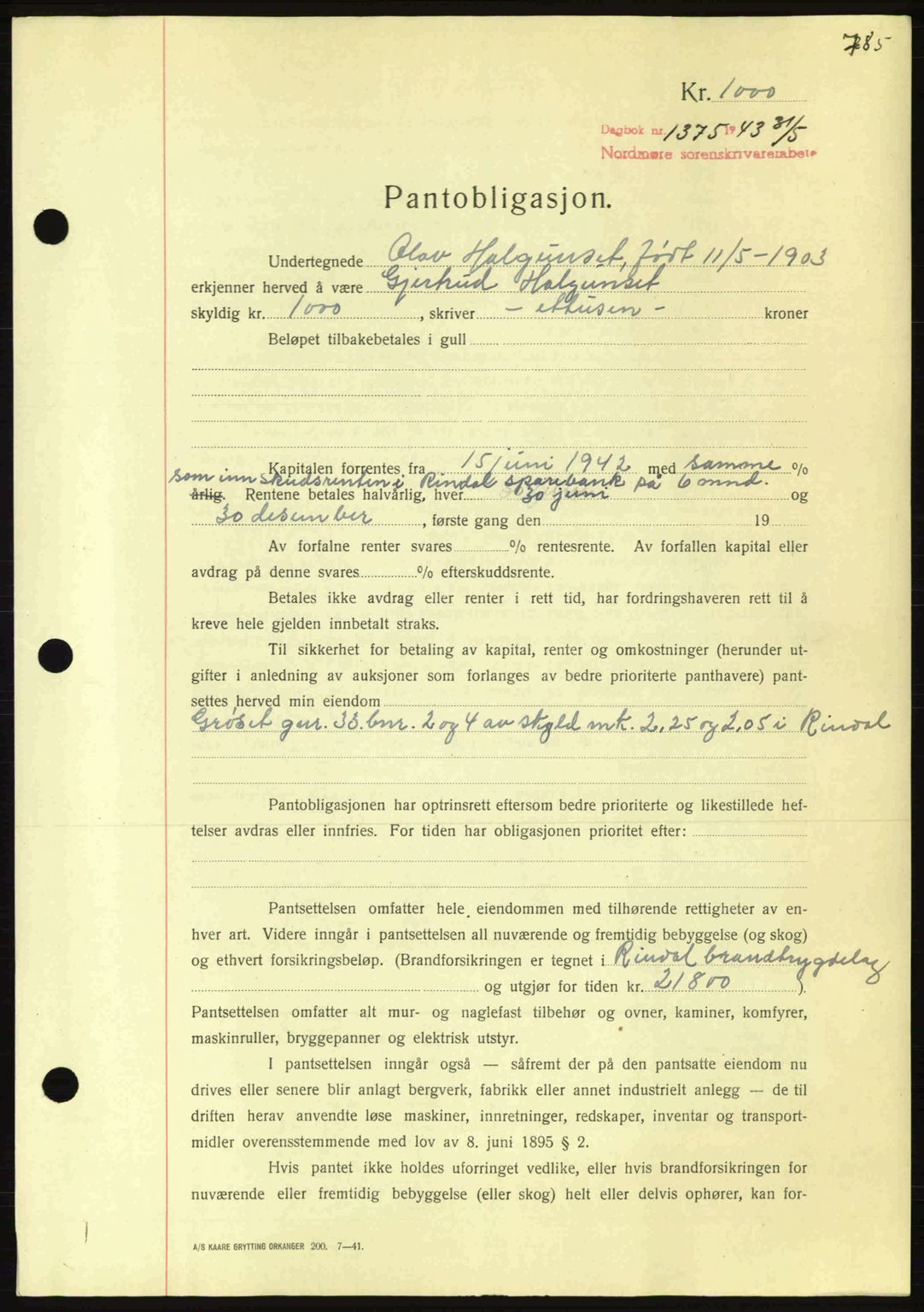 Nordmøre sorenskriveri, AV/SAT-A-4132/1/2/2Ca: Mortgage book no. B90, 1942-1943, Diary no: : 1375/1943