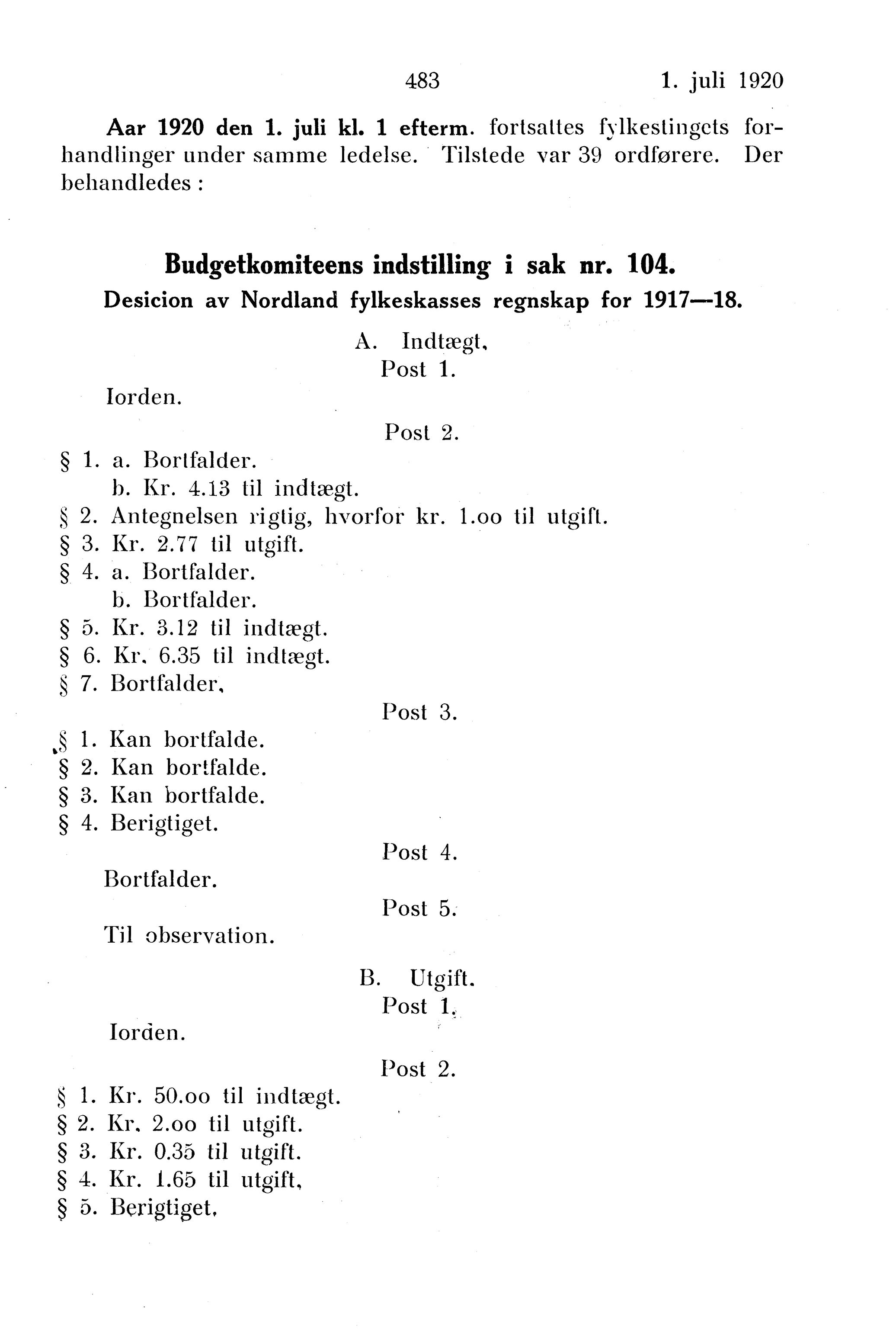 Nordland Fylkeskommune. Fylkestinget, AIN/NFK-17/176/A/Ac/L0043: Fylkestingsforhandlinger 1920, 1920, p. 483