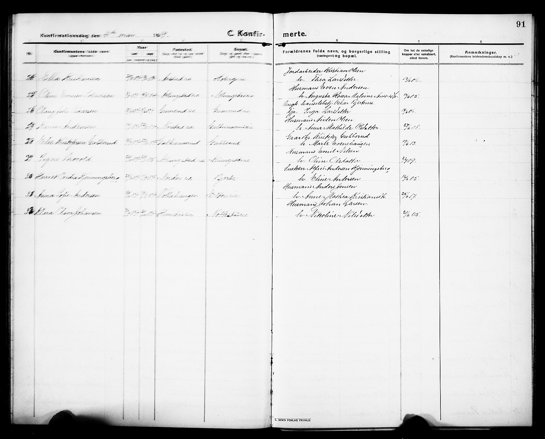 Stange prestekontor, AV/SAH-PREST-002/L/L0015: Parish register (copy) no. 15, 1916-1928, p. 91