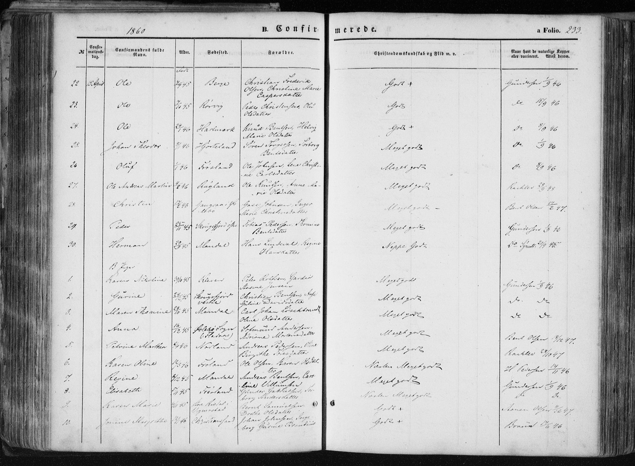 Mandal sokneprestkontor, AV/SAK-1111-0030/F/Fa/Faa/L0014: Parish register (official) no. A 14, 1859-1872, p. 233