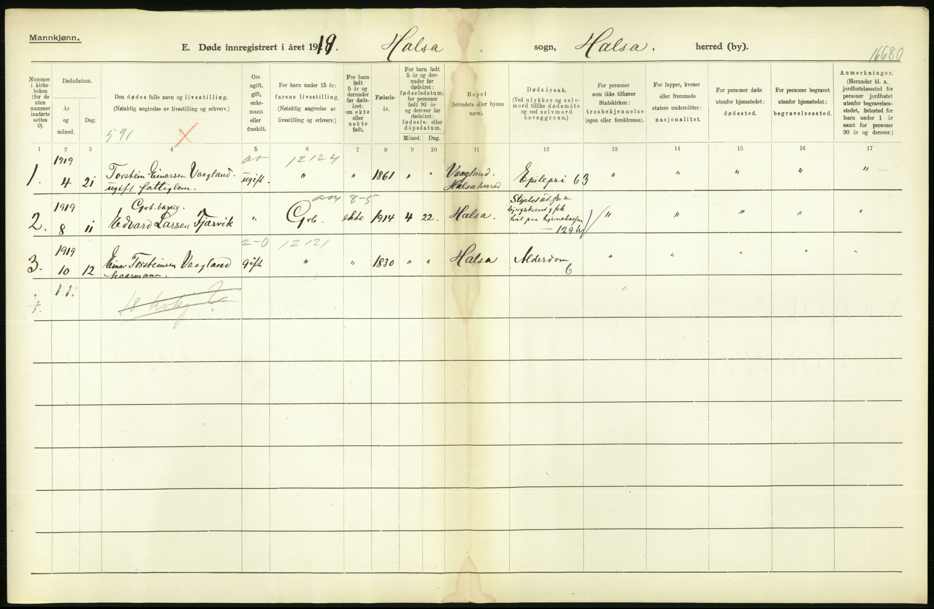 Statistisk sentralbyrå, Sosiodemografiske emner, Befolkning, AV/RA-S-2228/D/Df/Dfb/Dfbi/L0042: Møre fylke: Døde. Bygder og byer., 1919, p. 228