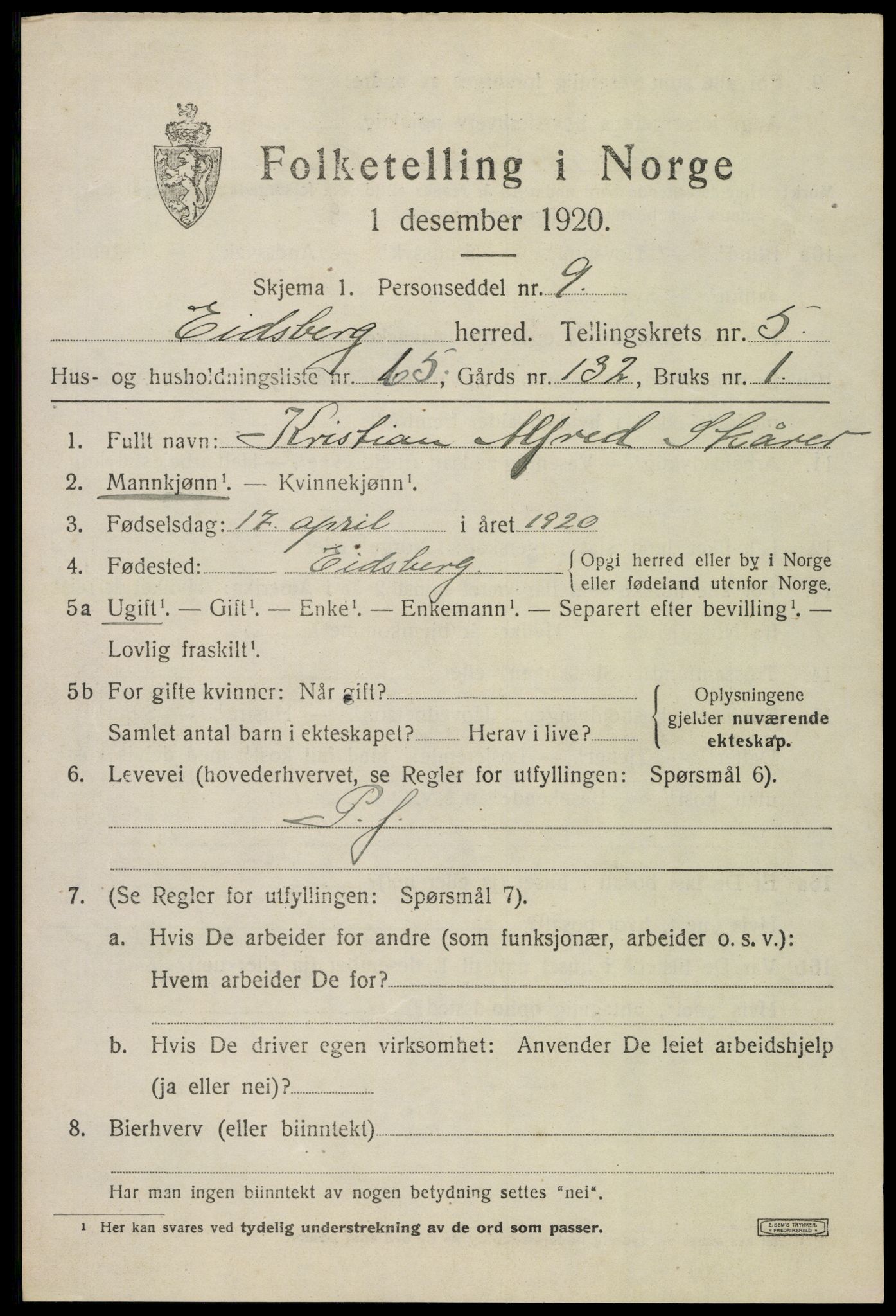 SAO, 1920 census for Eidsberg, 1920, p. 7479