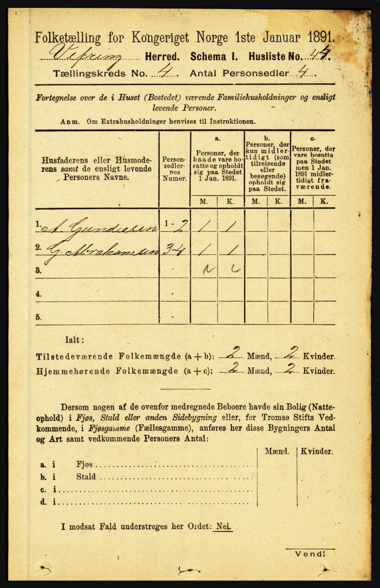 RA, 1891 census for 1434 Vevring, 1891, p. 1193