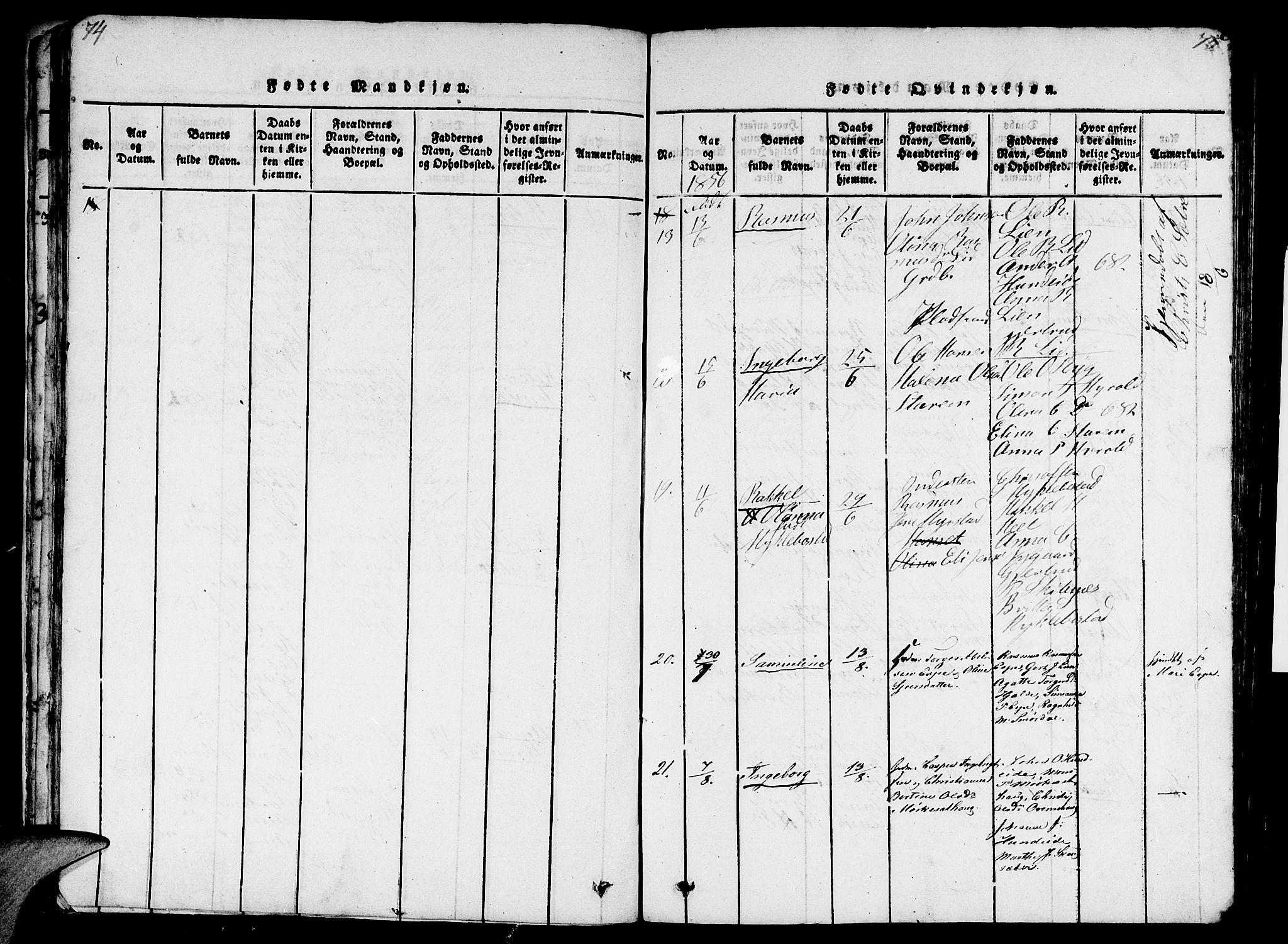 Eid sokneprestembete, AV/SAB-A-82301/H/Hab/Haba/L0001: Parish register (copy) no. A 1, 1816-1862, p. 74-75