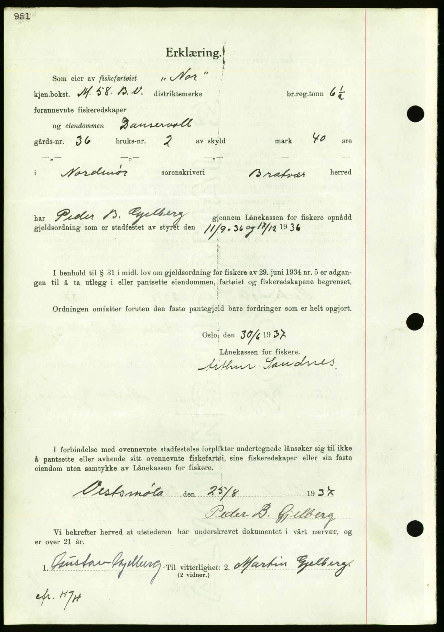 Nordmøre sorenskriveri, AV/SAT-A-4132/1/2/2Ca/L0091: Mortgage book no. B81, 1937-1937, Diary no: : 2258/1937