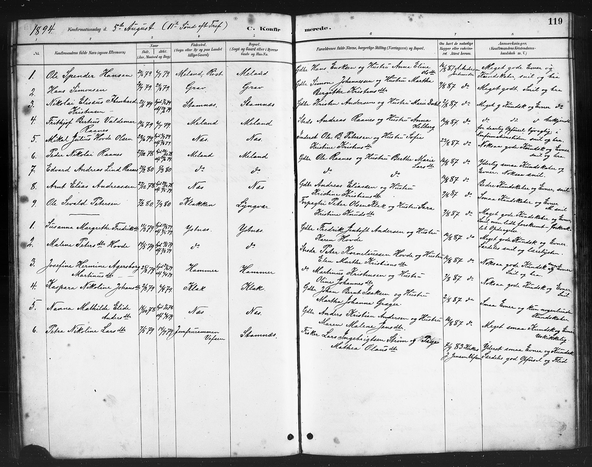 Ministerialprotokoller, klokkerbøker og fødselsregistre - Nordland, AV/SAT-A-1459/808/L0131: Parish register (copy) no. 808C02, 1879-1919, p. 119