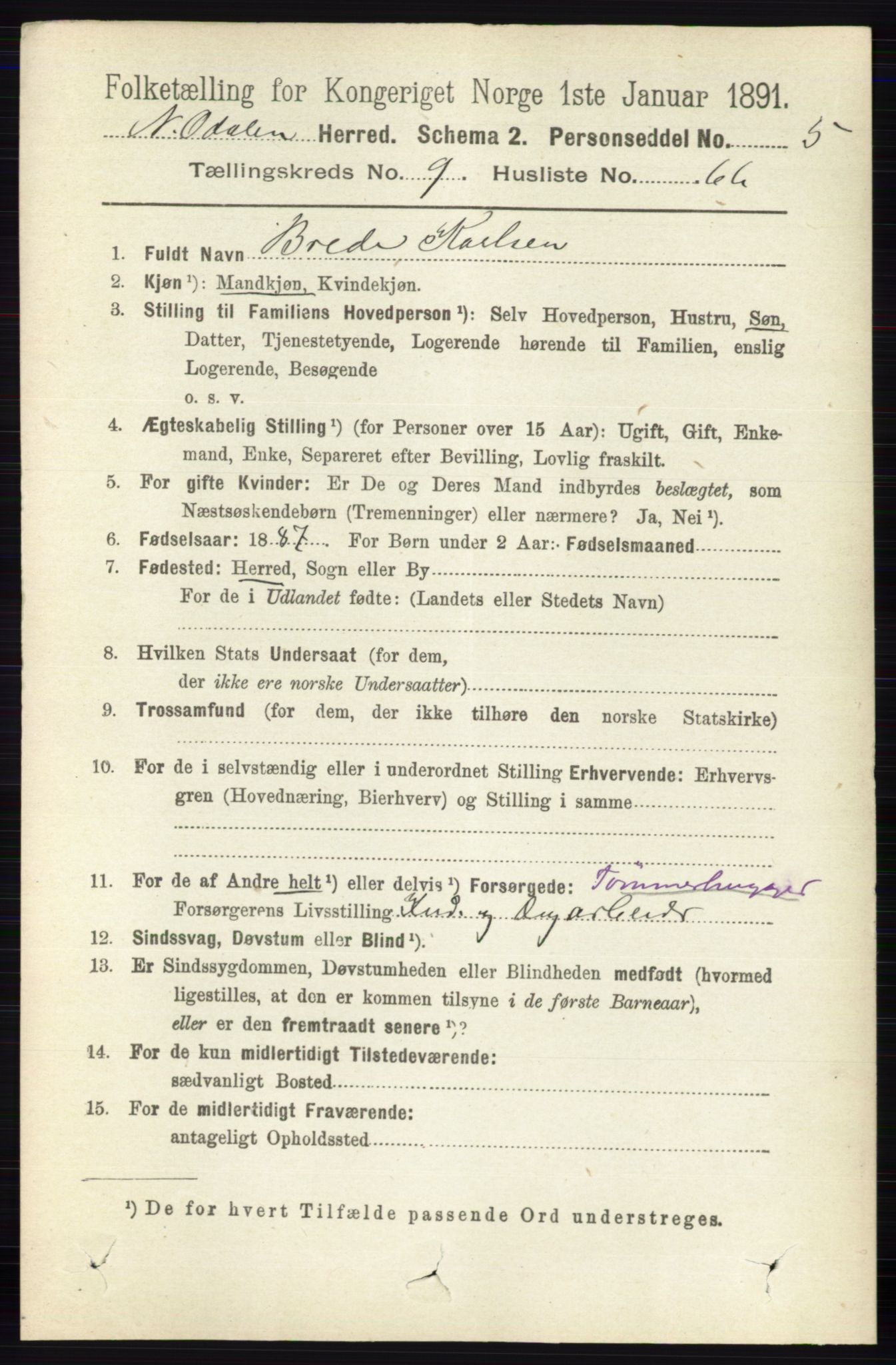 RA, 1891 census for 0418 Nord-Odal, 1891, p. 4431