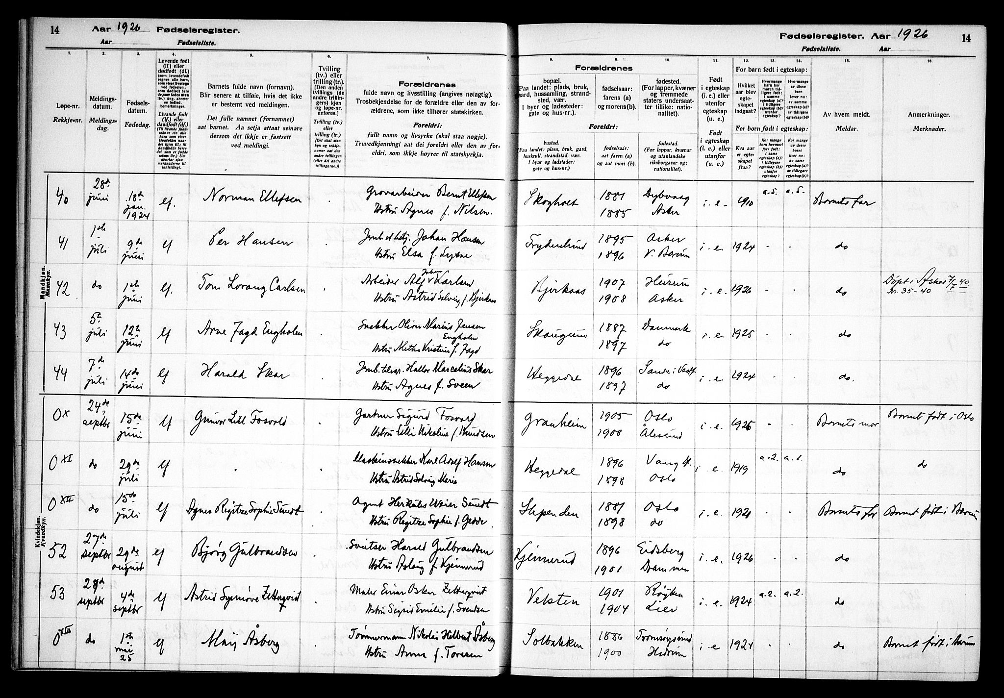 Asker prestekontor Kirkebøker, AV/SAO-A-10256a/J/L0002: Birth register no. 2, 1925-1938, p. 14