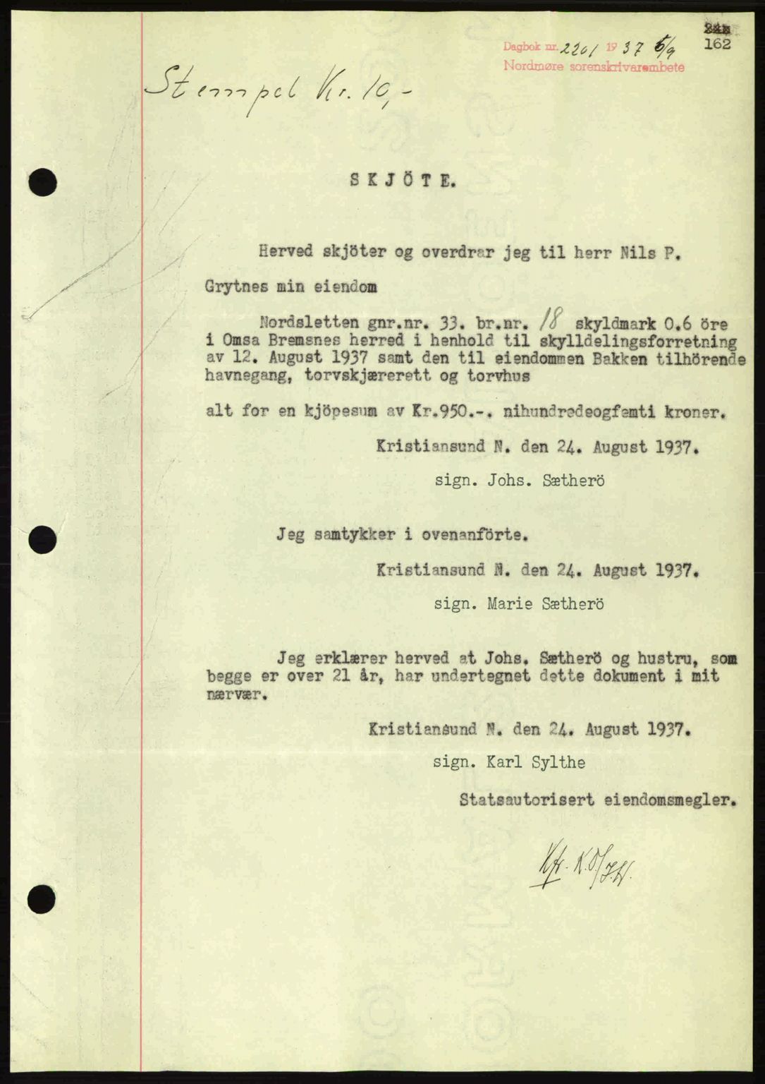 Nordmøre sorenskriveri, AV/SAT-A-4132/1/2/2Ca: Mortgage book no. A82, 1937-1938, Diary no: : 2201/1937