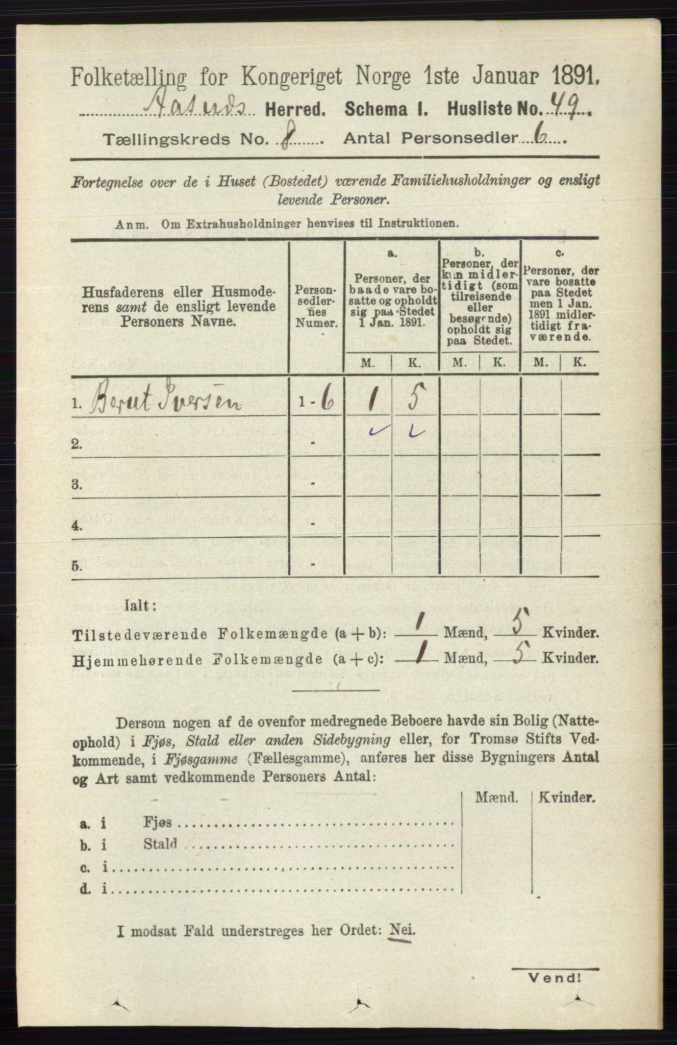 RA, 1891 census for 0425 Åsnes, 1891, p. 4170