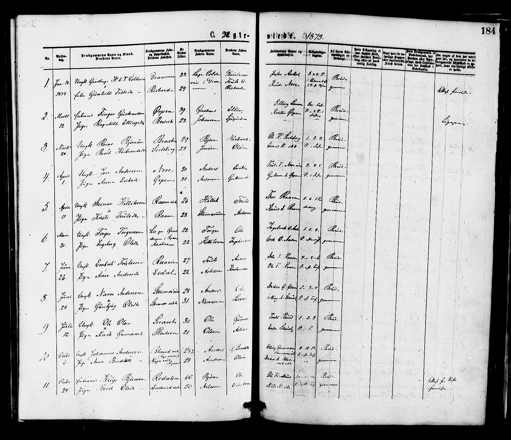 Krødsherad kirkebøker, SAKO/A-19/F/Fa/L0004: Parish register (official) no. 4, 1873-1878, p. 184