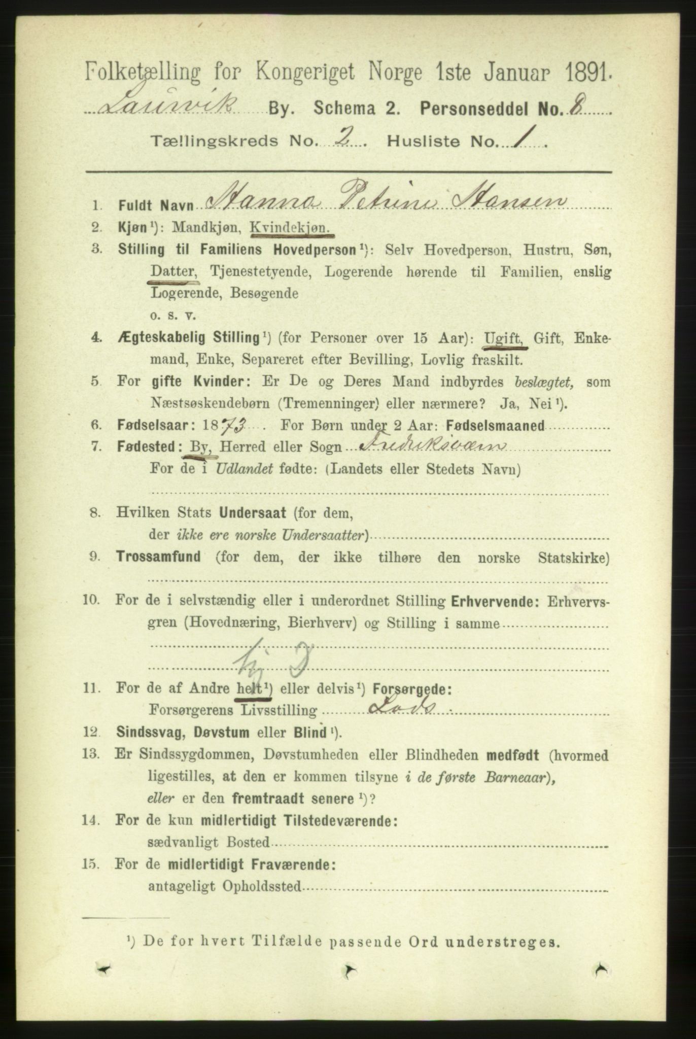 RA, 1891 census for 0707 Larvik, 1891, p. 3338