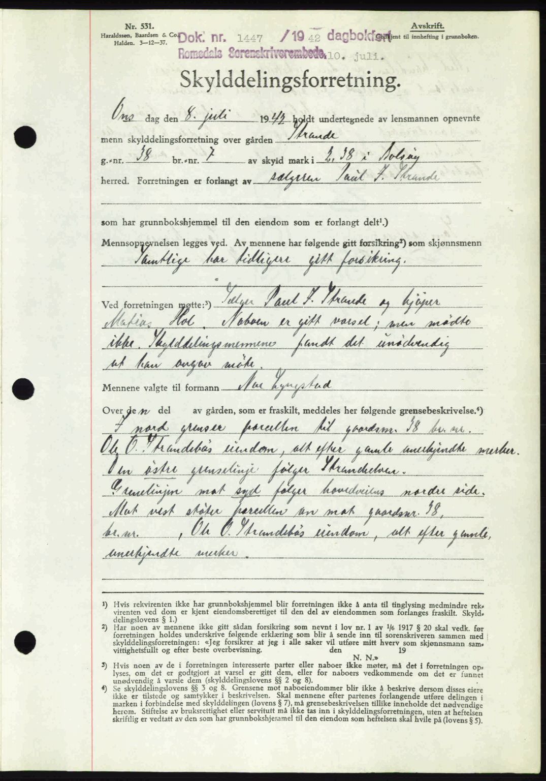 Romsdal sorenskriveri, AV/SAT-A-4149/1/2/2C: Mortgage book no. A12, 1942-1942, Diary no: : 1447/1942