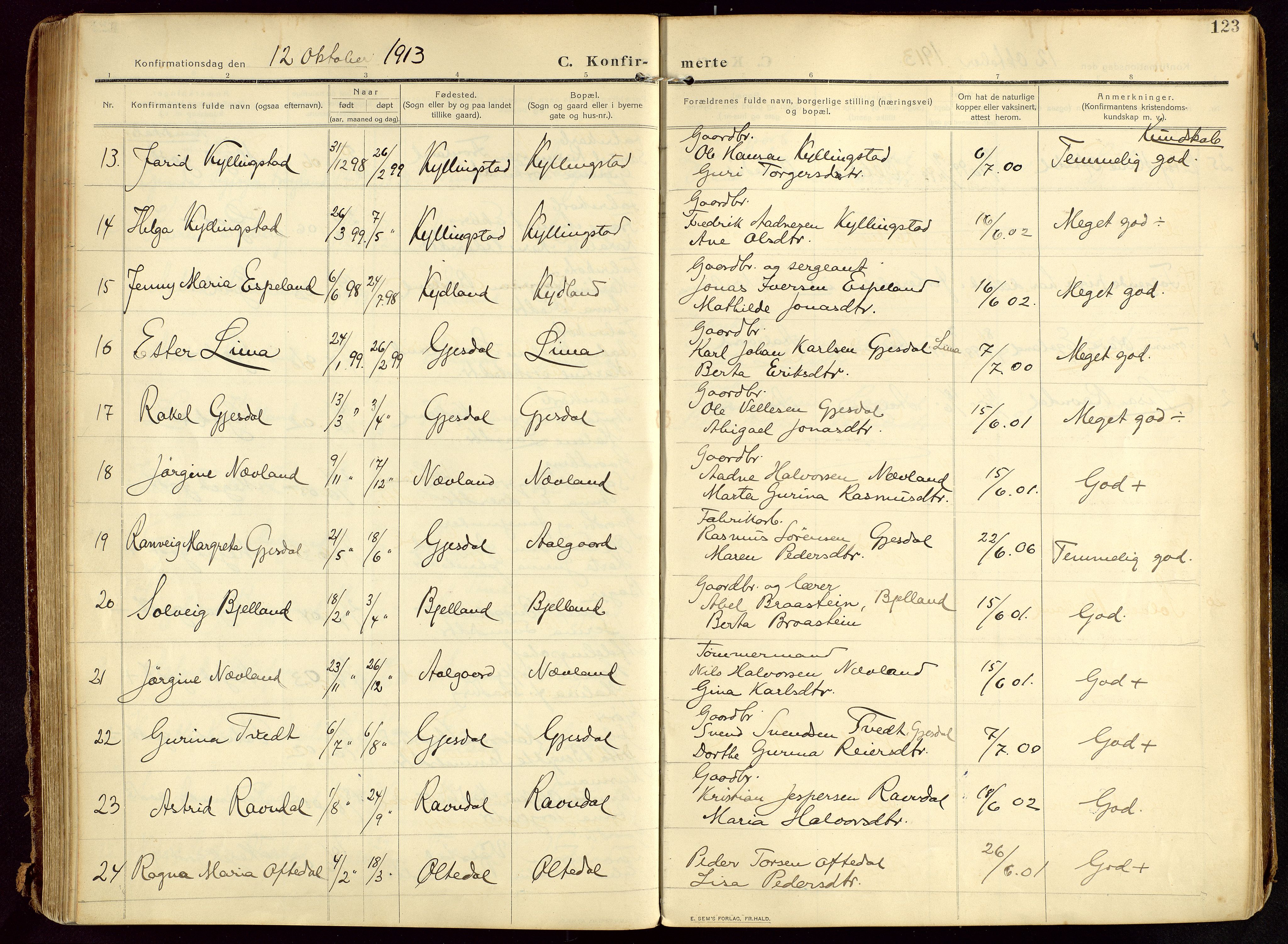 Lye sokneprestkontor, AV/SAST-A-101794/002/B/L0001: Parish register (official) no. A 13, 1910-1925, p. 123