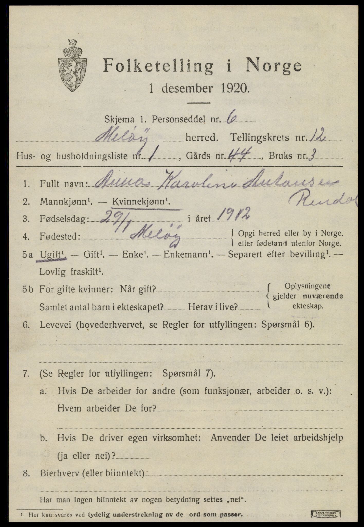 SAT, 1920 census for Meløy, 1920, p. 7611