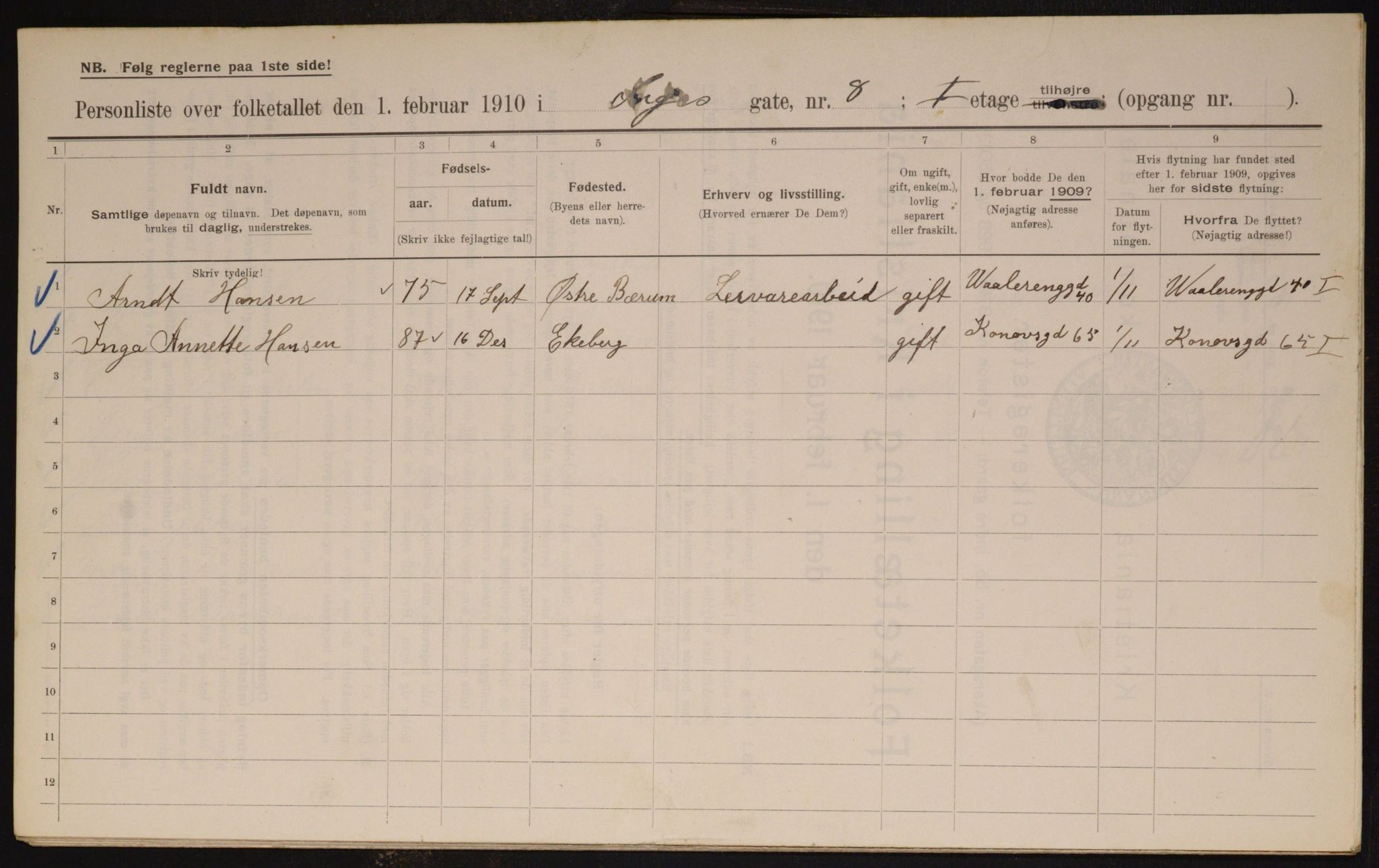 OBA, Municipal Census 1910 for Kristiania, 1910, p. 42962