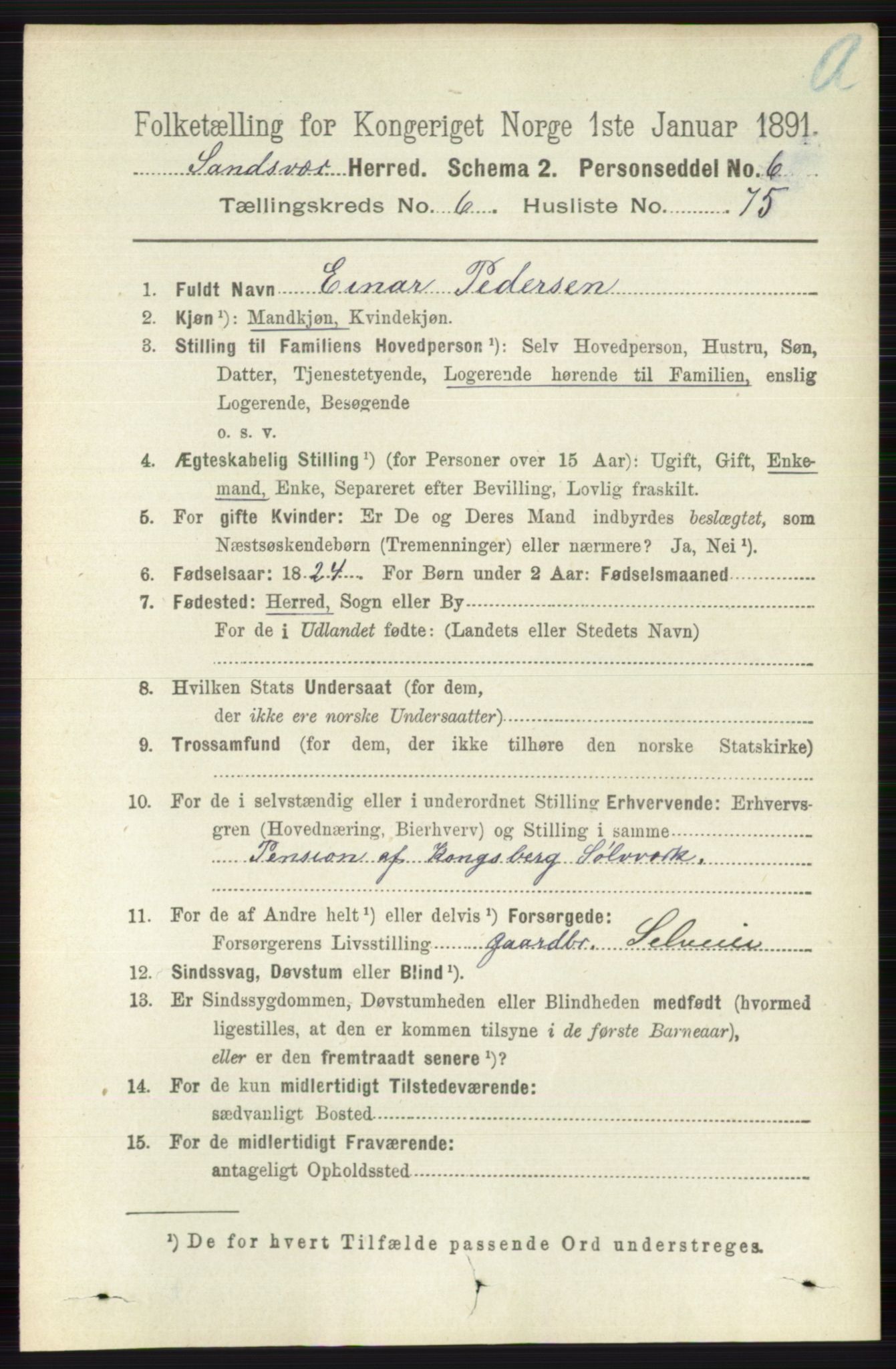 RA, 1891 census for 0629 Sandsvær, 1891, p. 3879