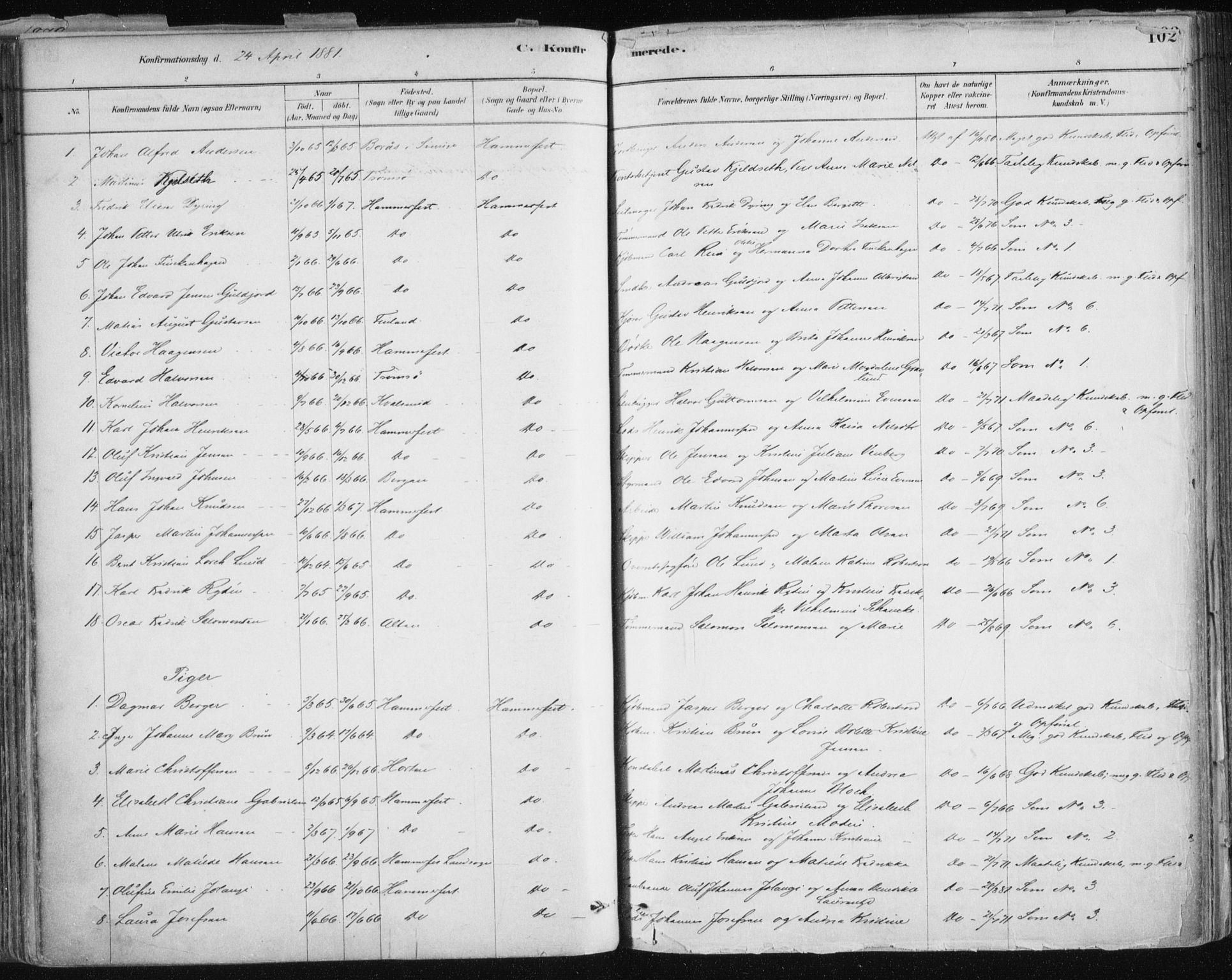 Hammerfest sokneprestkontor, SATØ/S-1347/H/Ha/L0008.kirke: Parish register (official) no. 8, 1878-1889, p. 102