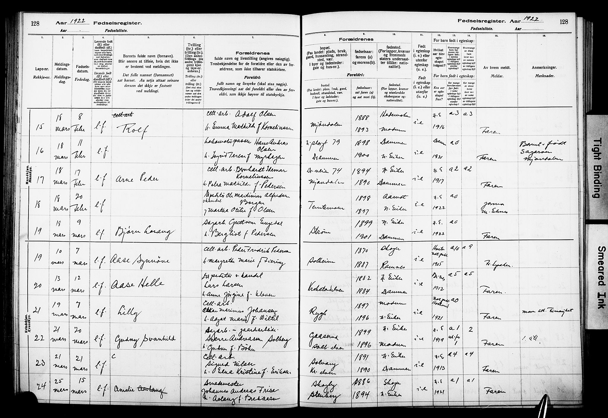 Nedre Eiker kirkebøker, AV/SAKO-A-612/J/Ja/L0001: Birth register no. 1, 1916-1925, p. 128